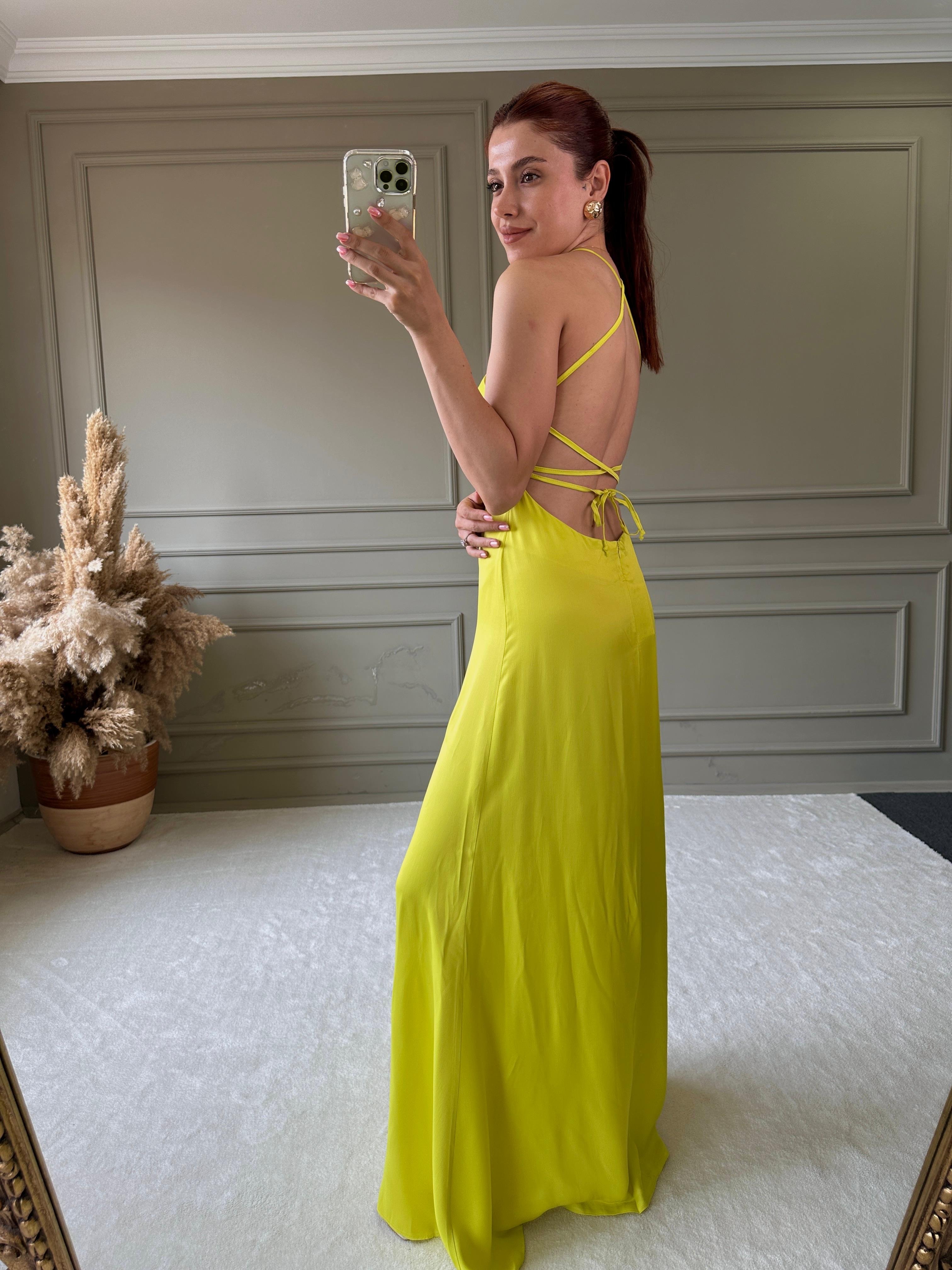 SATEN NEON YEŞİL ELBİSE