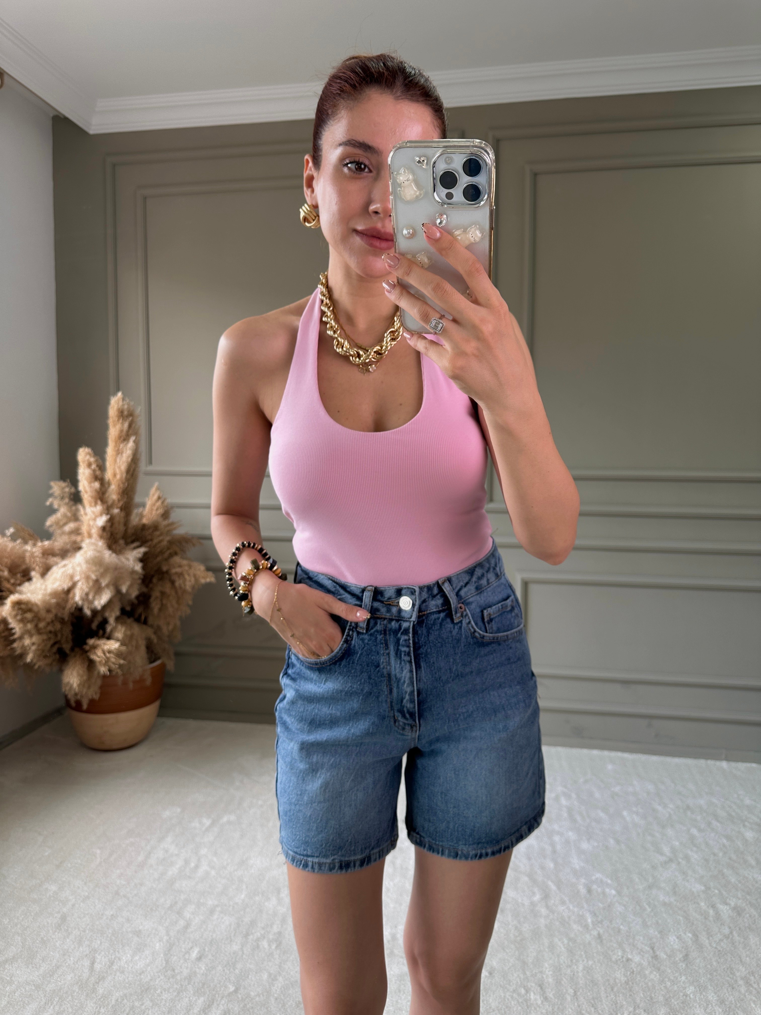 DİLVİN BOYUNDAN GEÇİRMELİ FİTİLLİ BLUZ - Pembe