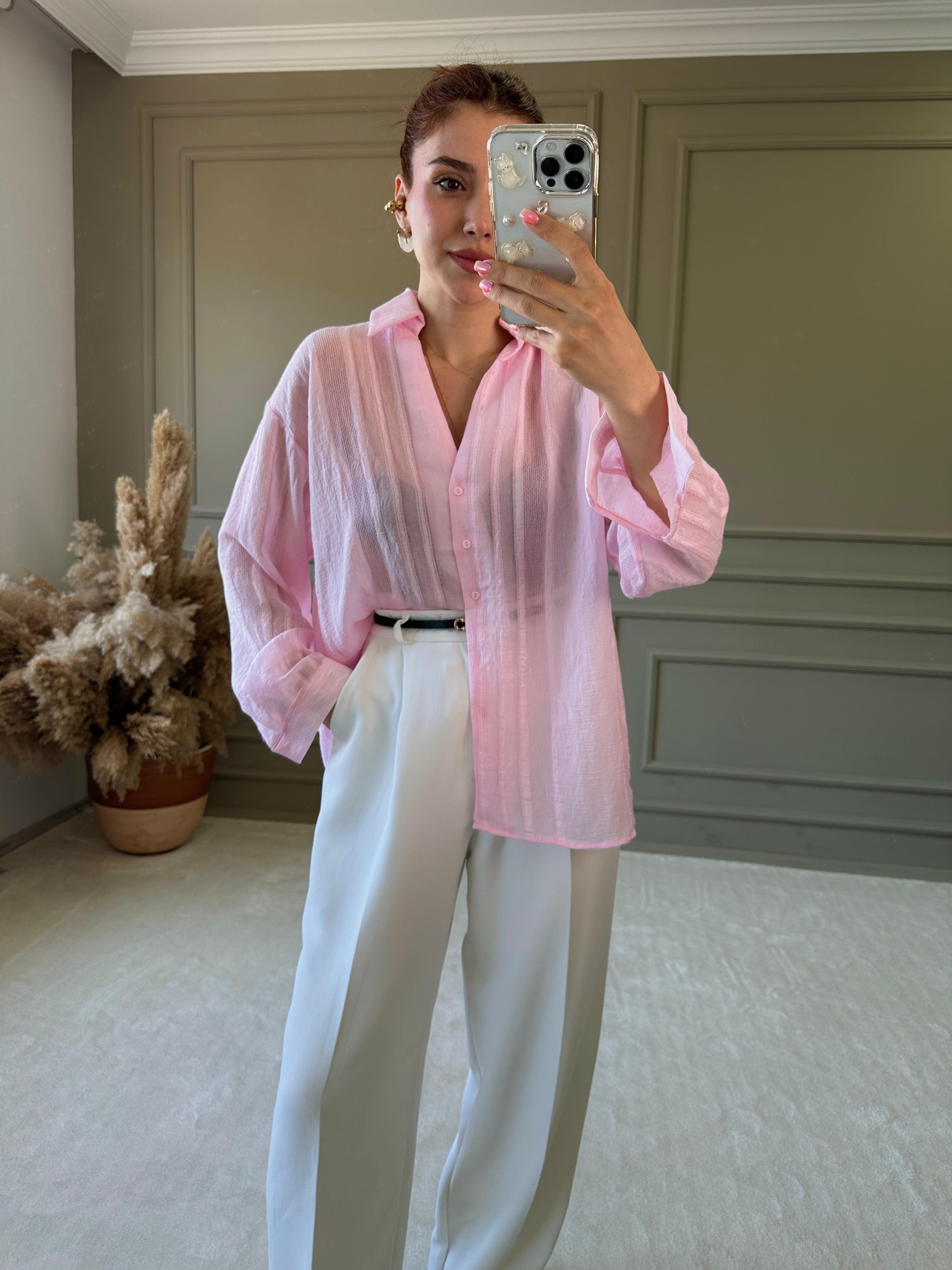 TRANSPARAN GÖMLEK - Pembe