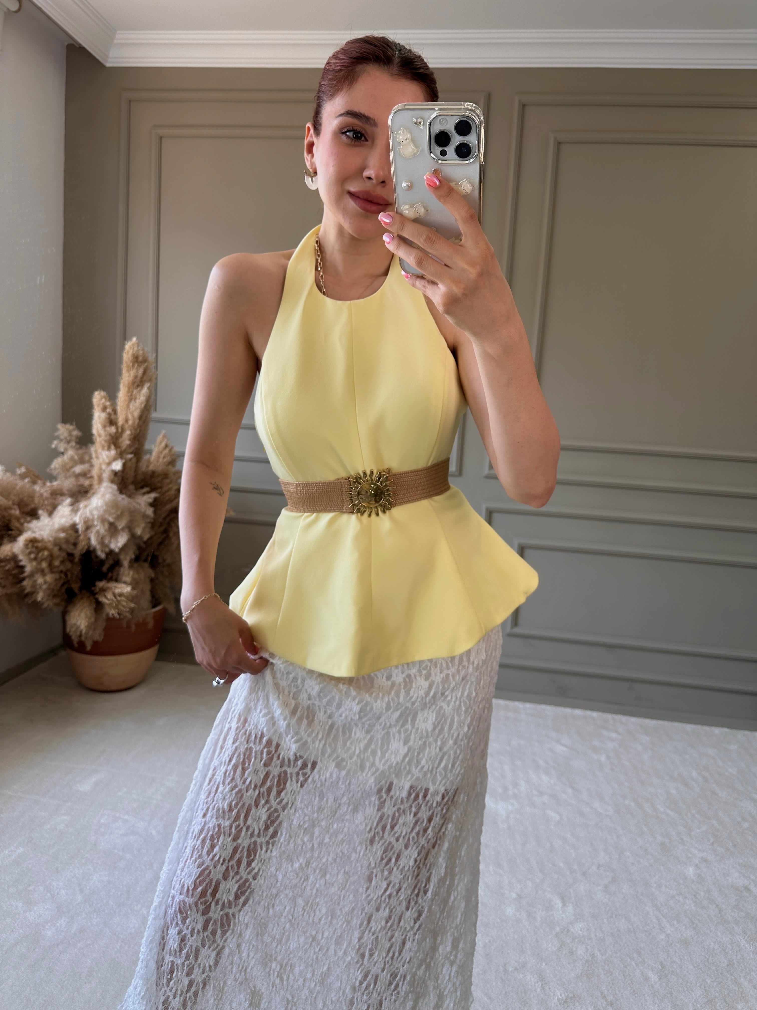 SIRT DETAYLI BLUZ SARI