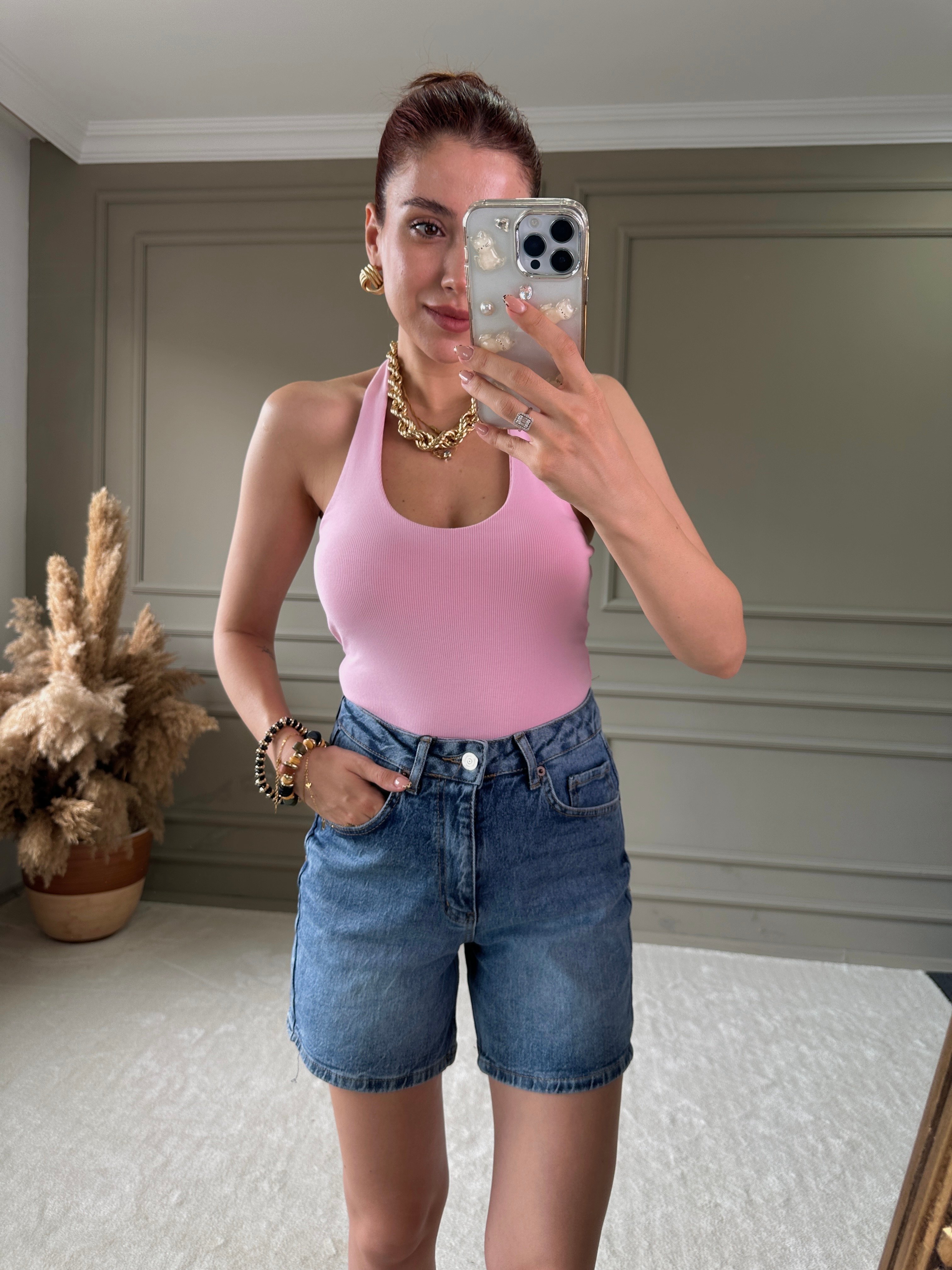 DİLVİN BOYUNDAN GEÇİRMELİ FİTİLLİ BLUZ - Pembe