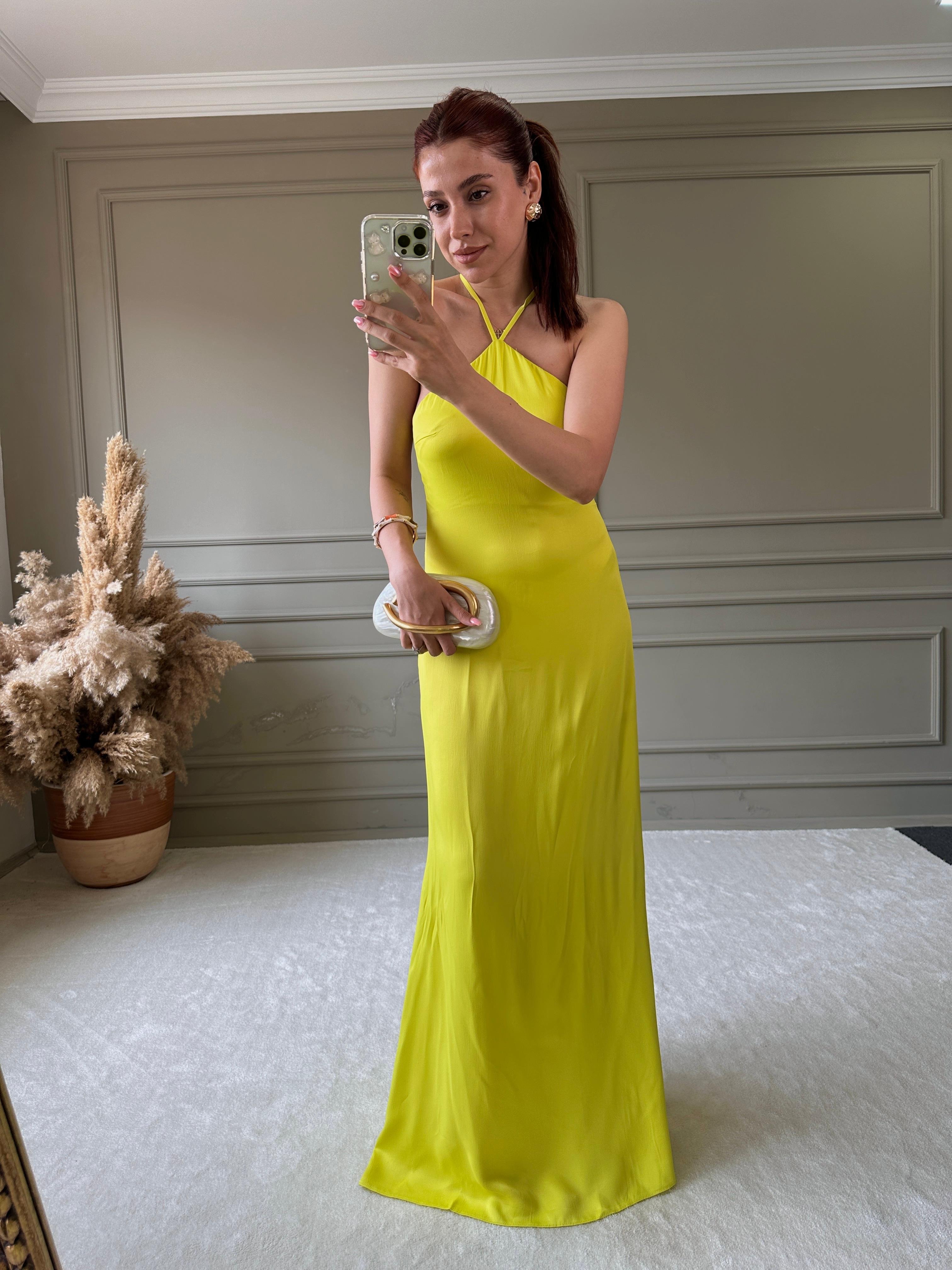 SATEN NEON YEŞİL ELBİSE