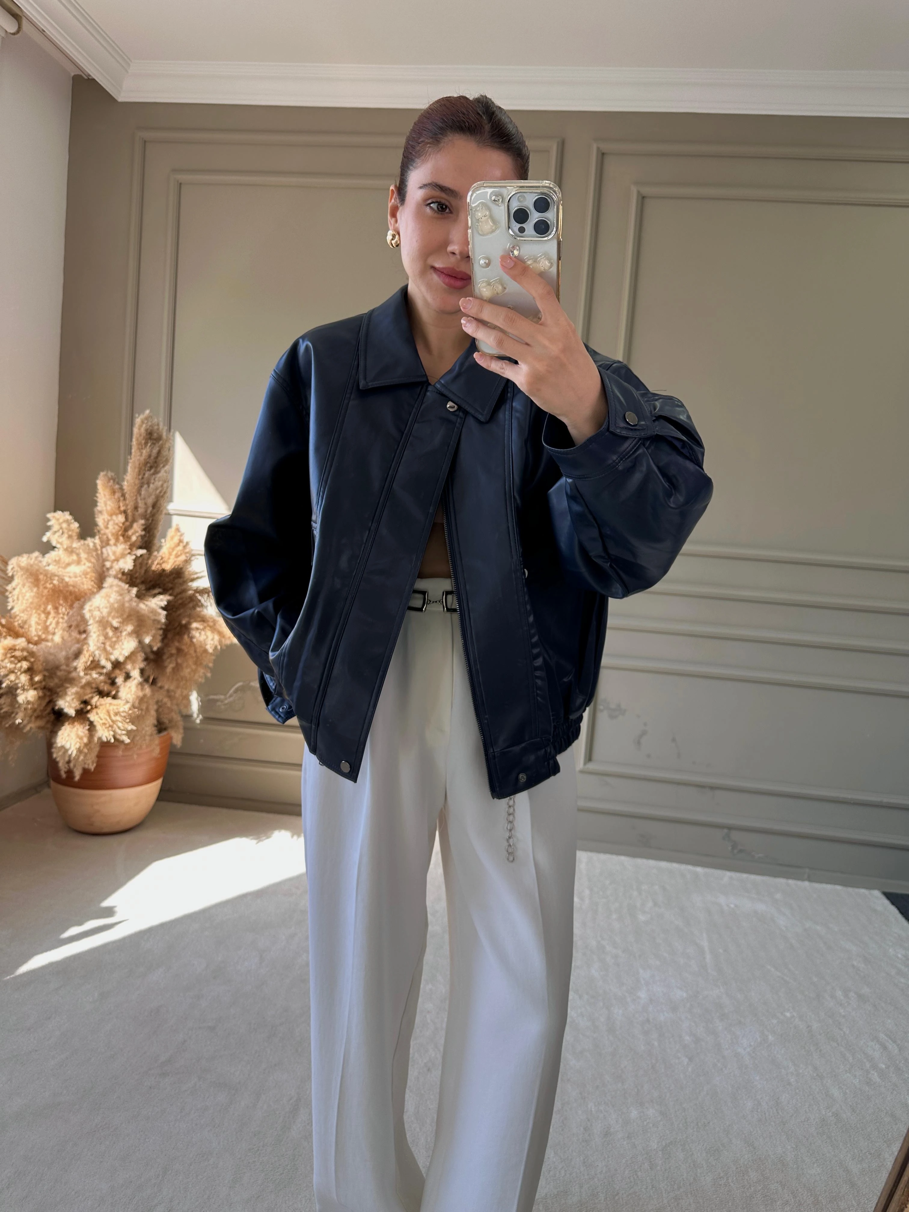 BOMBER DERİ CEKET  - Lacivert