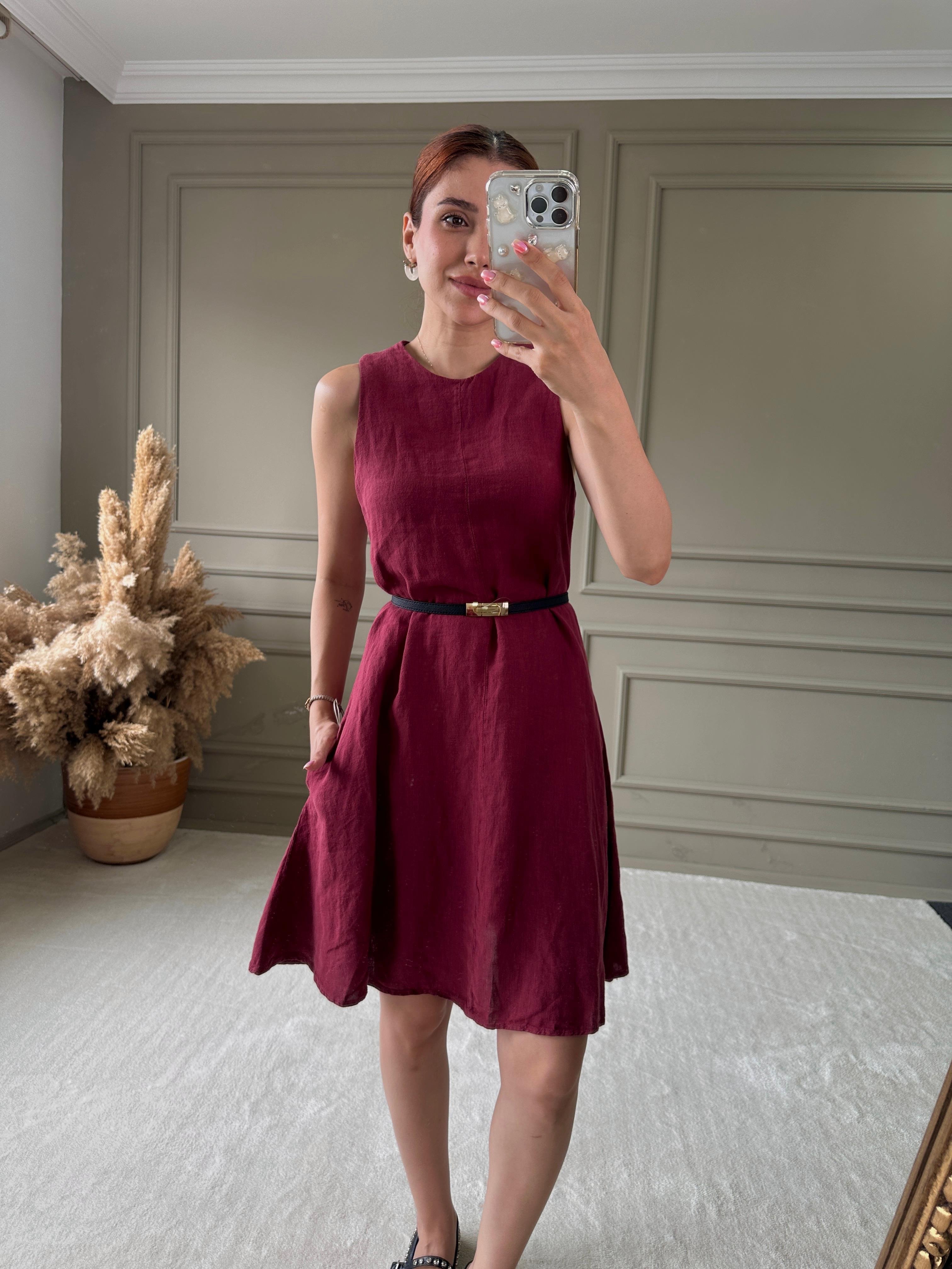 KETEN ELBİSE  - Bordo