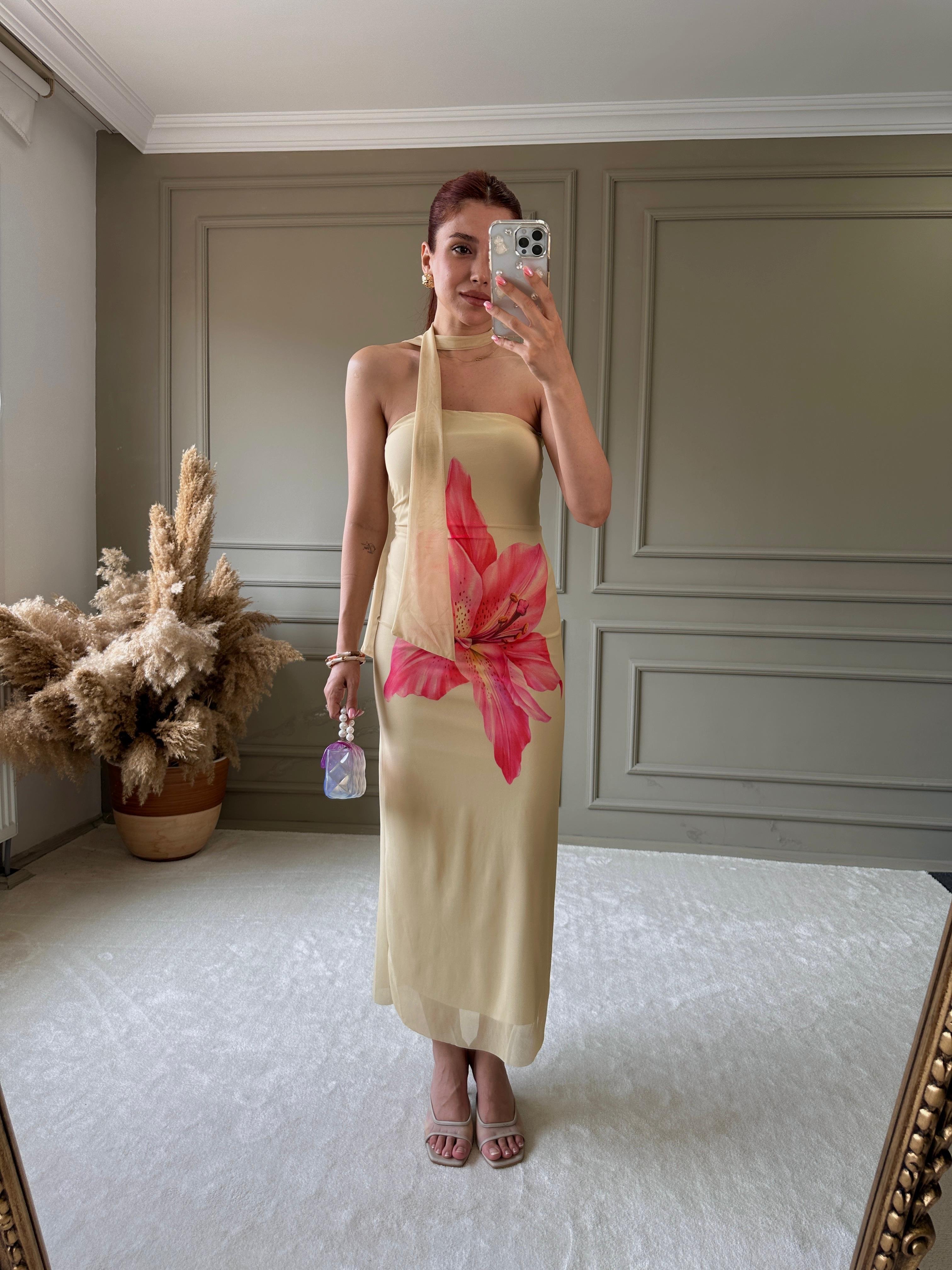 STRAPLEZ TÜL ELBİSE SARI