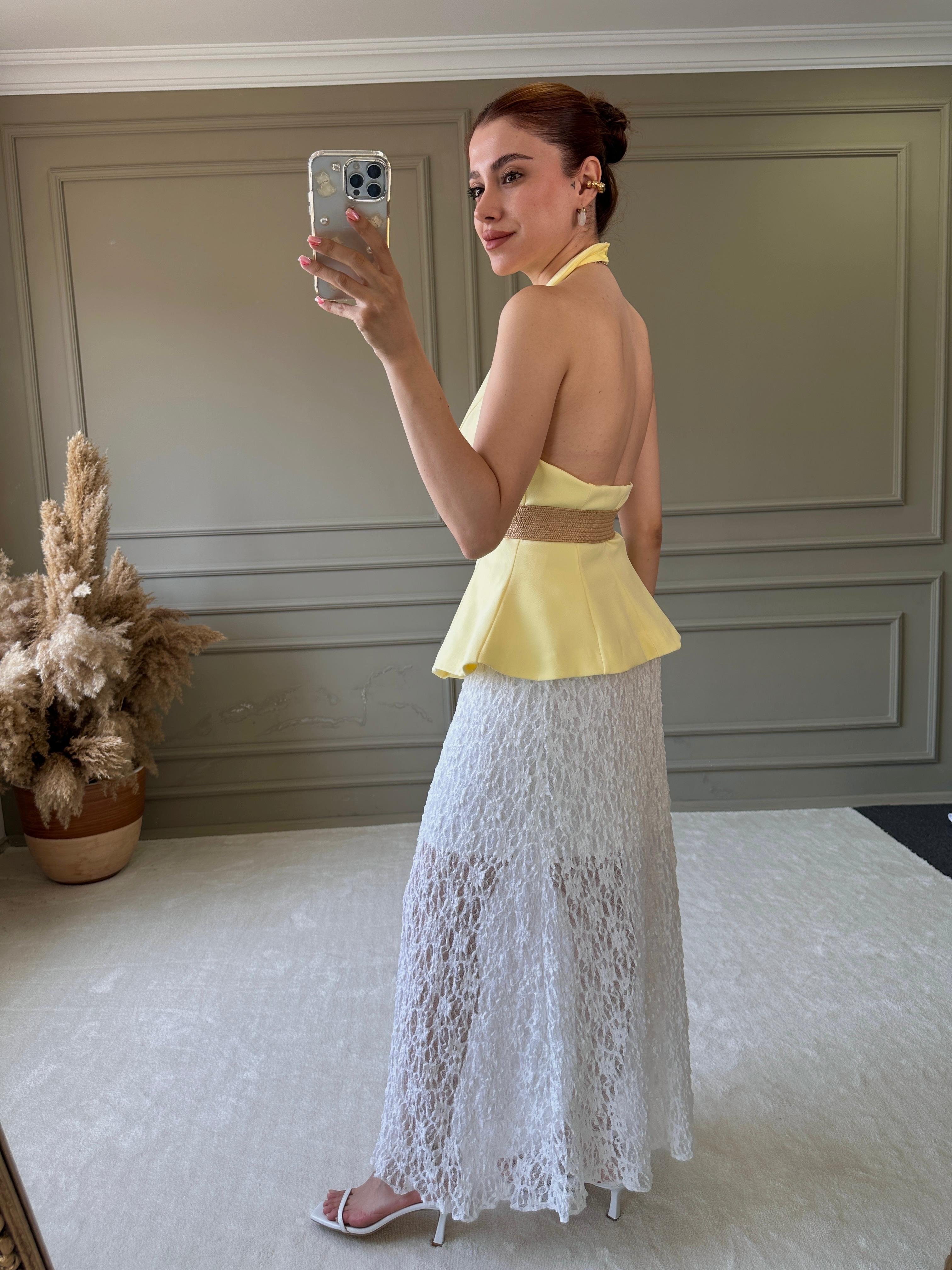 SIRT DETAYLI BLUZ SARI