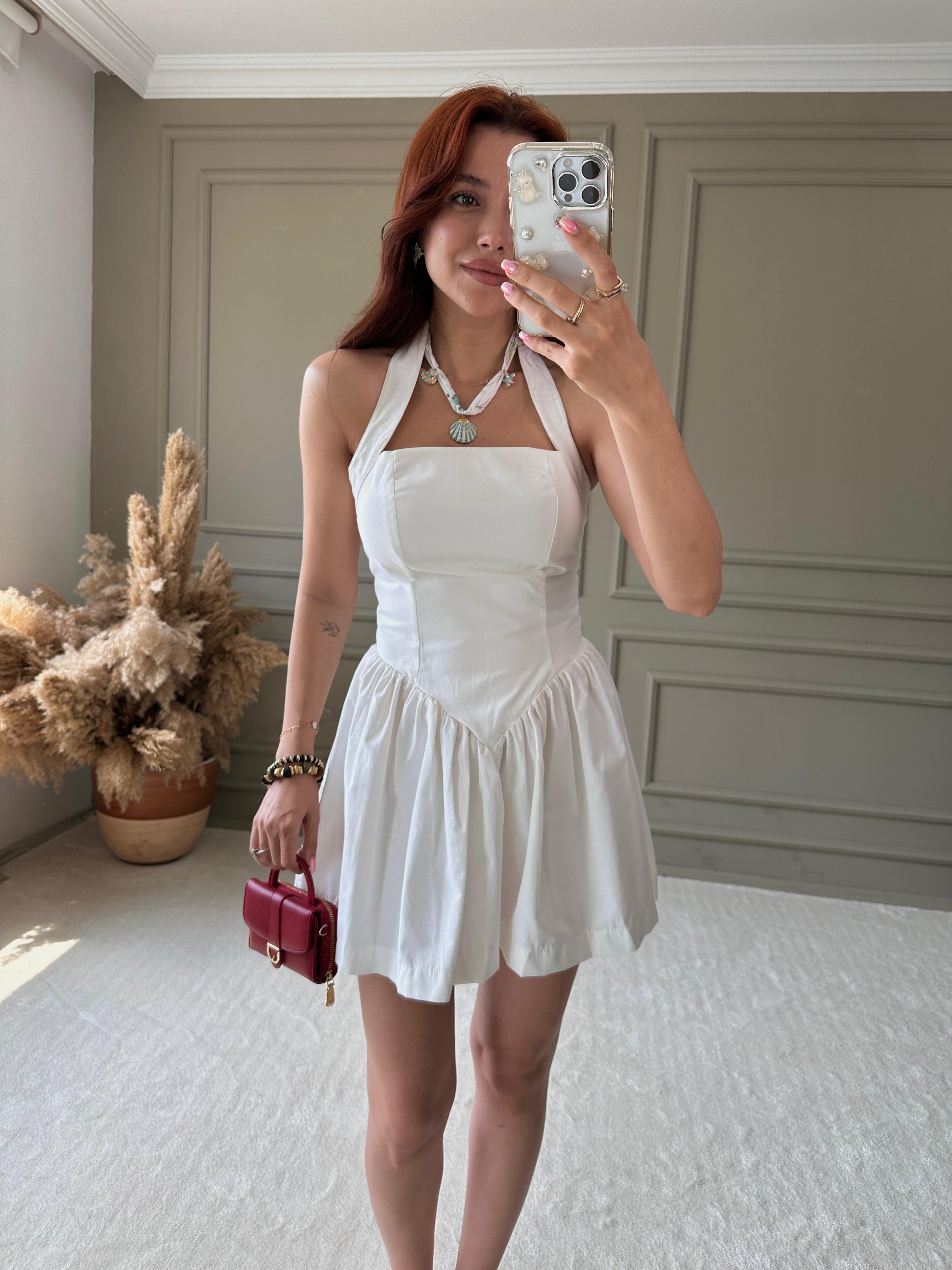 BOYUNDAN BAĞLAMALI MİNİ ELBİSE BEYAZ
