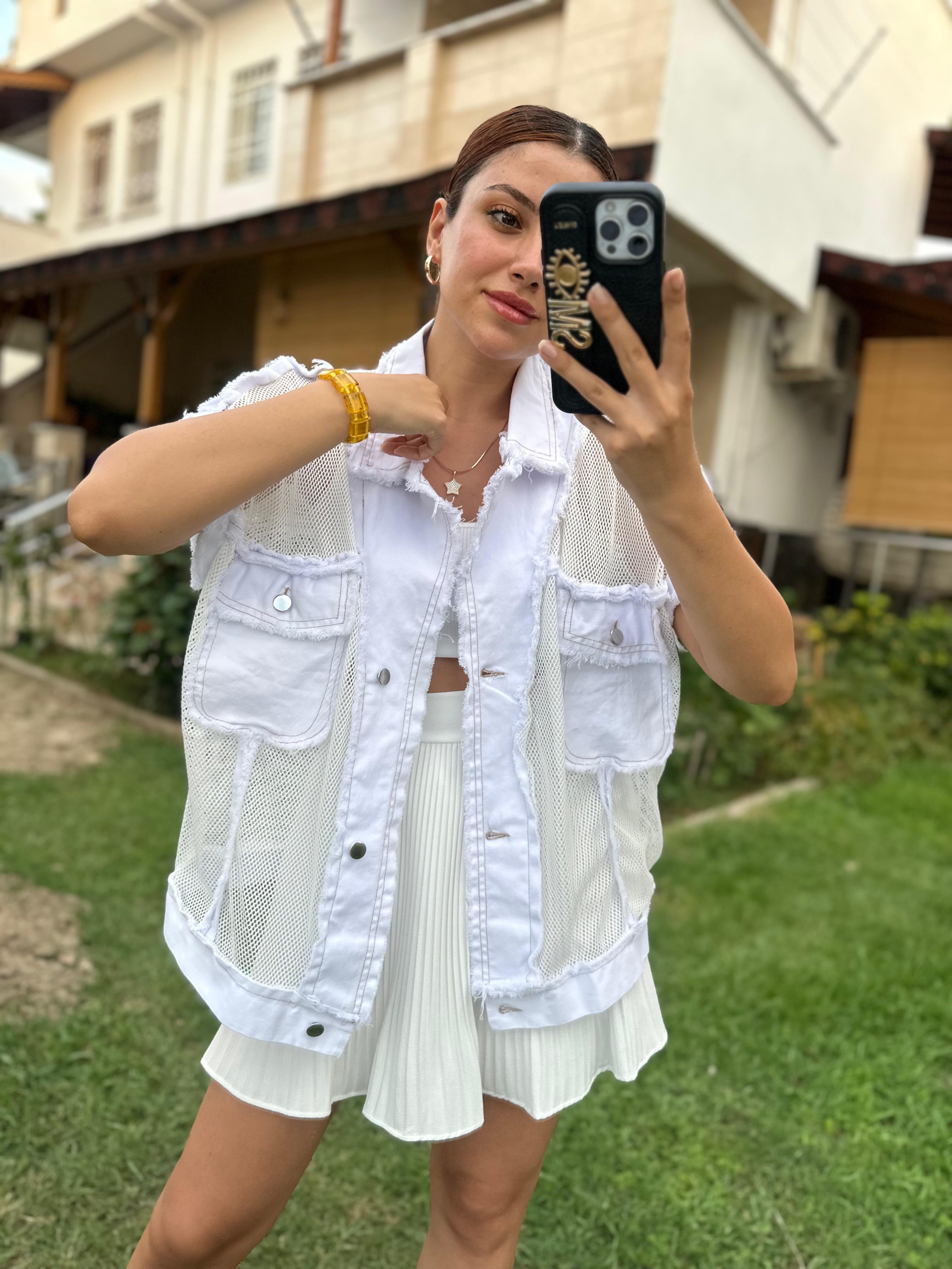 FİLELİ KOT DETAYLI YELEK  - Beyaz