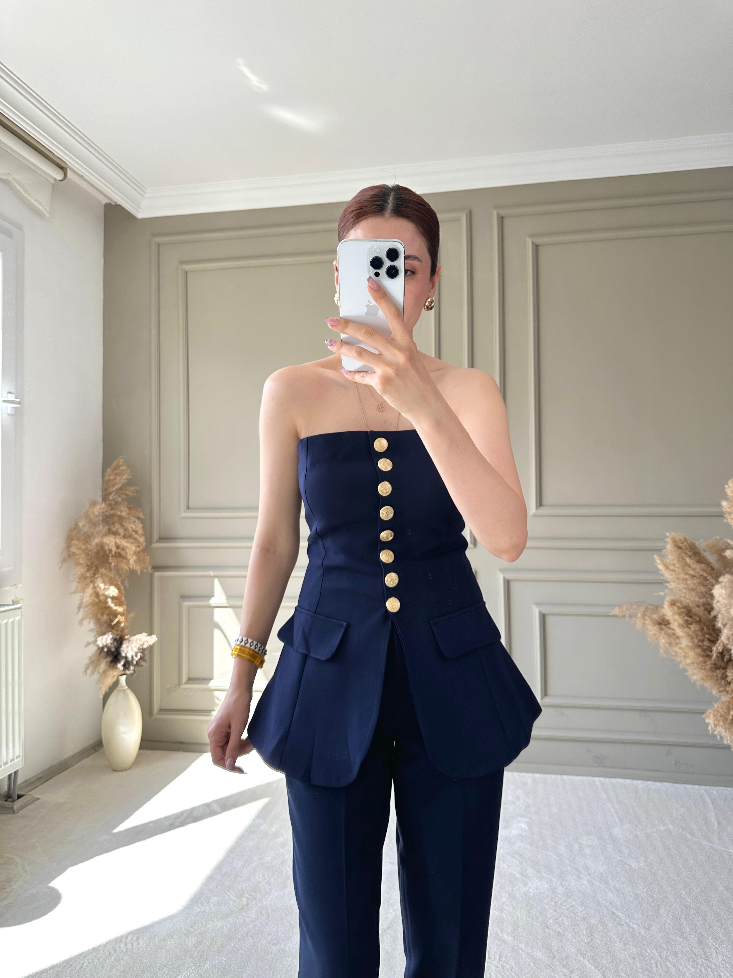 ZR MODEL GOLD DÜĞME DETAYLI BÜSTİYER - Lacivert