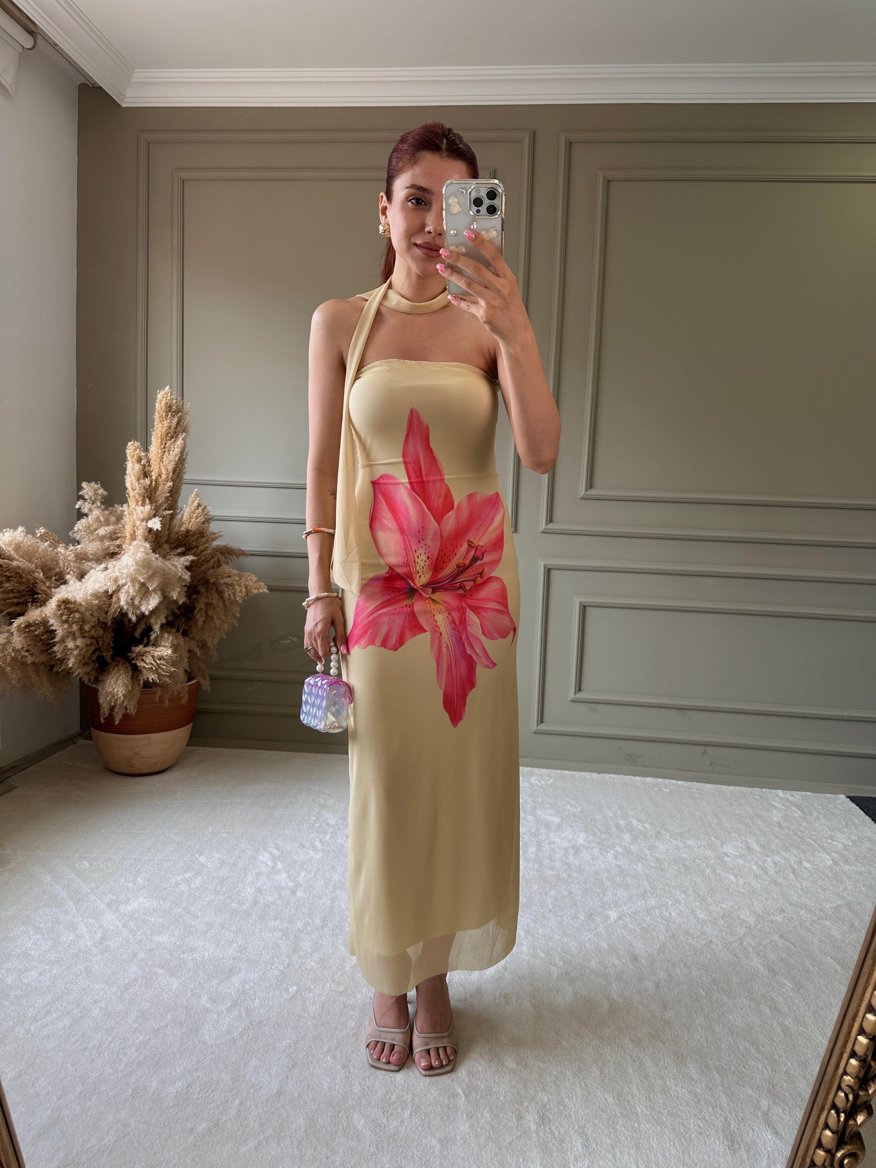 STRAPLEZ TÜL ELBİSE SARI