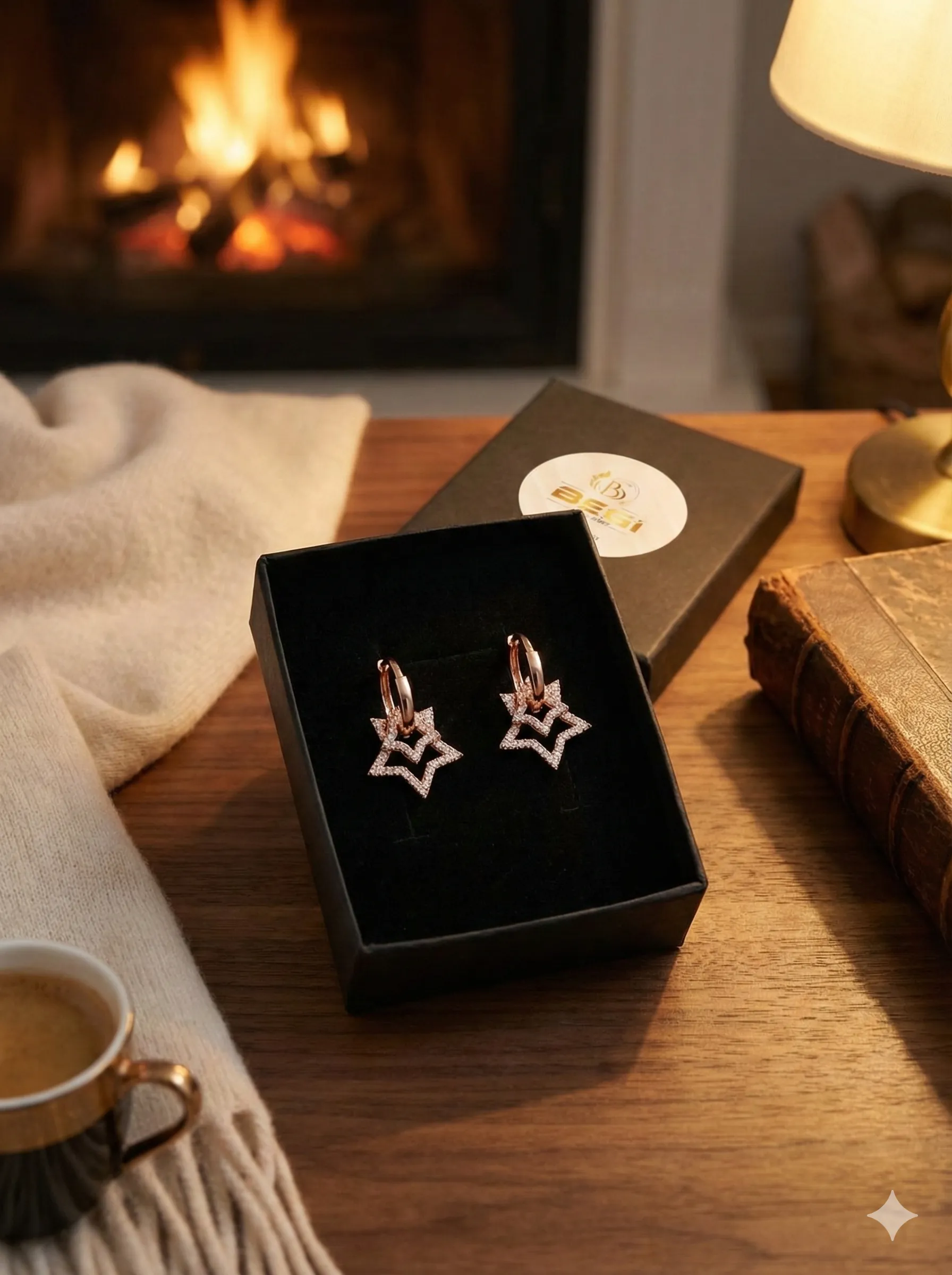 Zirkon Taşlı Çift Yıldız Sallantılı Rose 925 Ayar Gümüş Halka Küpe 0 image