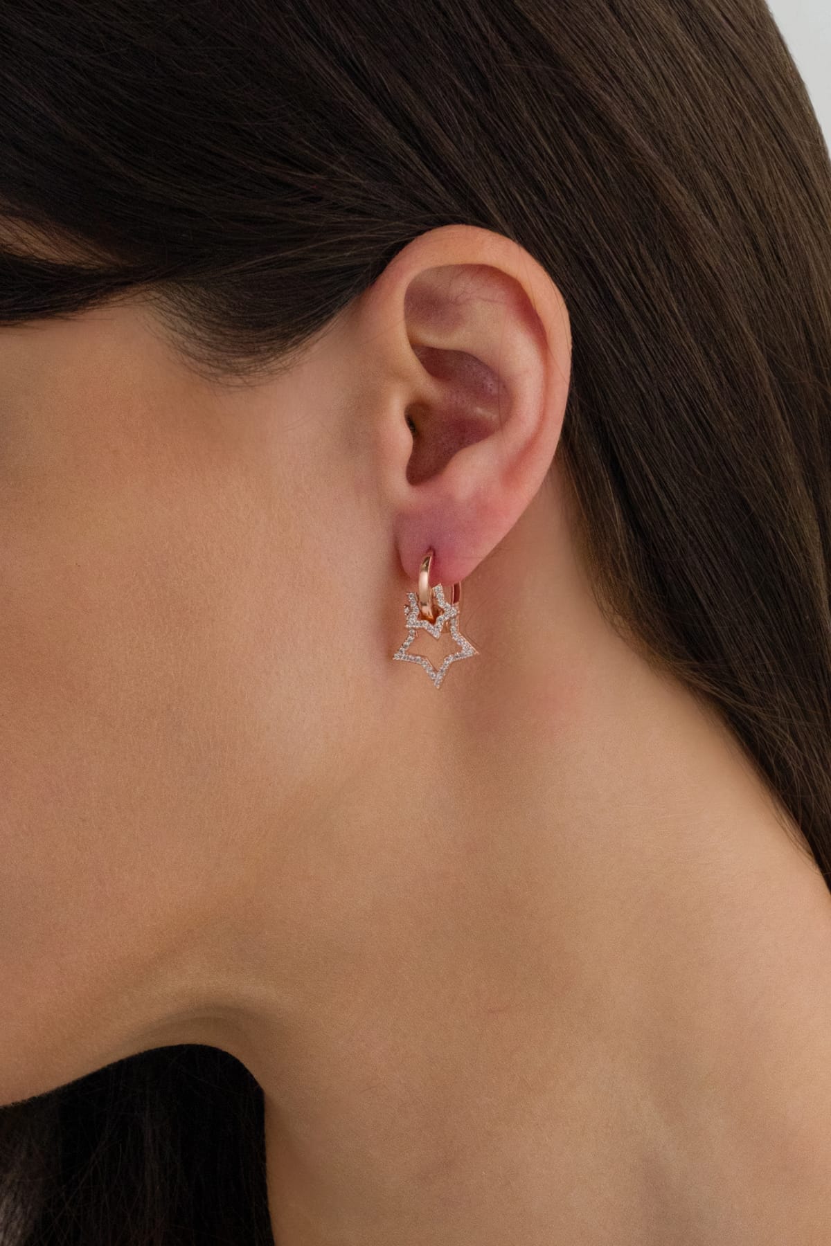 Zirkon Taşlı Çift Yıldız Sallantılı Rose 925 Ayar Gümüş Halka Küpe 0 image