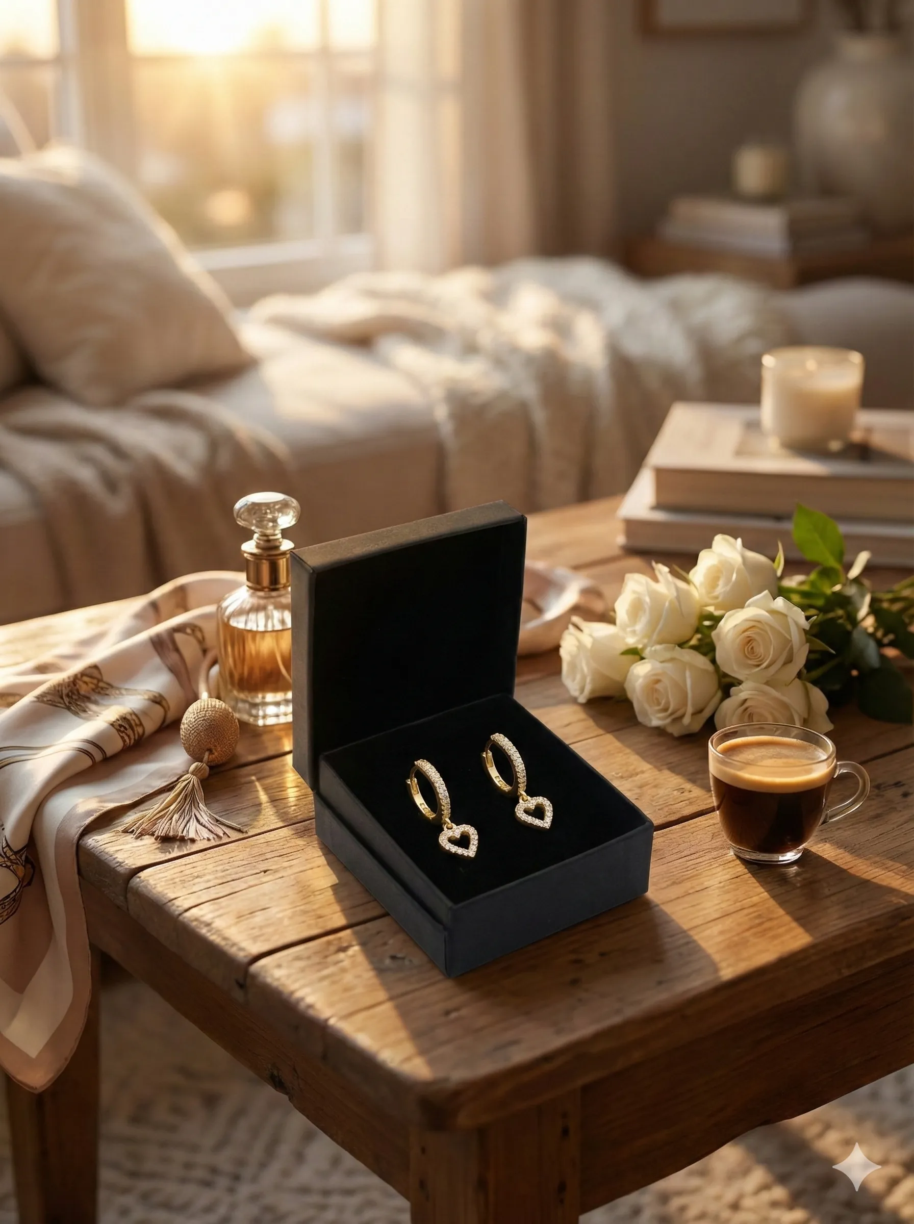 Zirkon Taşlı Işıltılı Kalp Sallantılı Gold 925 Ayar Gümüş Halka Küpe 0 image