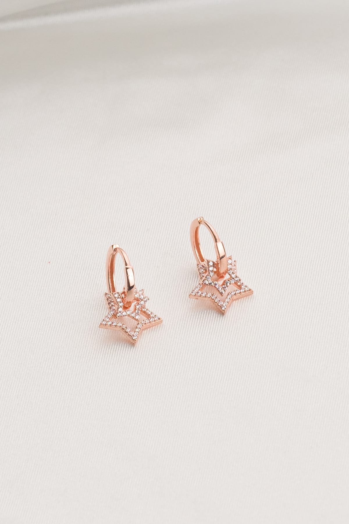 Zirkon Taşlı Çift Yıldız Sallantılı Rose 925 Ayar Gümüş Halka Küpe 0 image