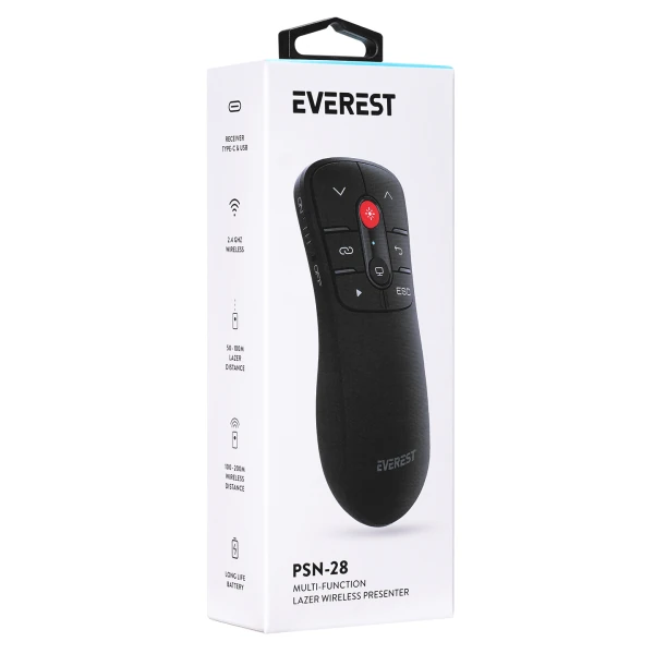EVEREST PSN-28 ÇOK İŞLEVLİ USB KIRMIZI LAZERLİ 2.4GHZ KABLOSUZ TYPE C PROFESYONEL SUNUM CİHAZI