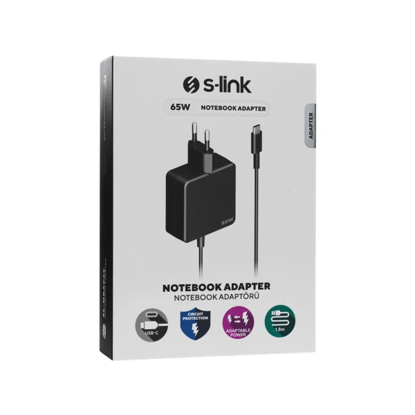 S-LINK SL-NBAC65 65W 5V3A, 9V3A, 12V3A 15V3A, 20V3,25A TYPE-C PD NOTEBOOK/TELEFON ŞARJ CİHAZI