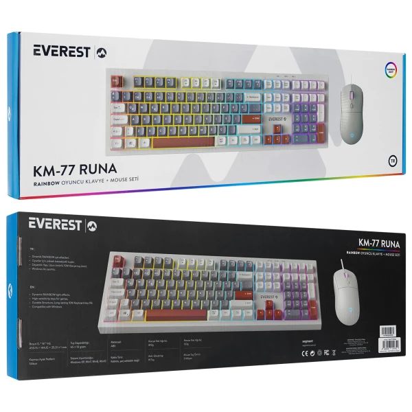 EVEREST KM-77 RUNA GRİ/KREM/KAHVE USB RAINBOW AYDINLATMALI SESSIZ Q KLAVYE + MOUSE SET