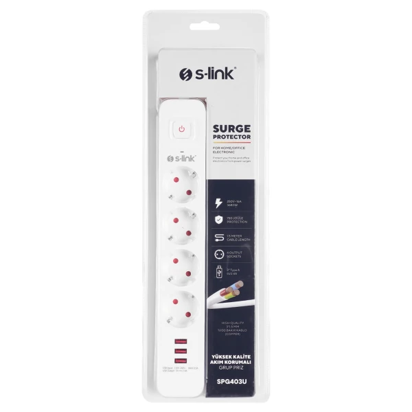 S-LINK SPG403U 1.5M 1.5MM 100% BAKIR 750 JOULE 3 USB 5V2.4A 4LÜ ANAHTARLI AKIM KORUMALI PRİZ