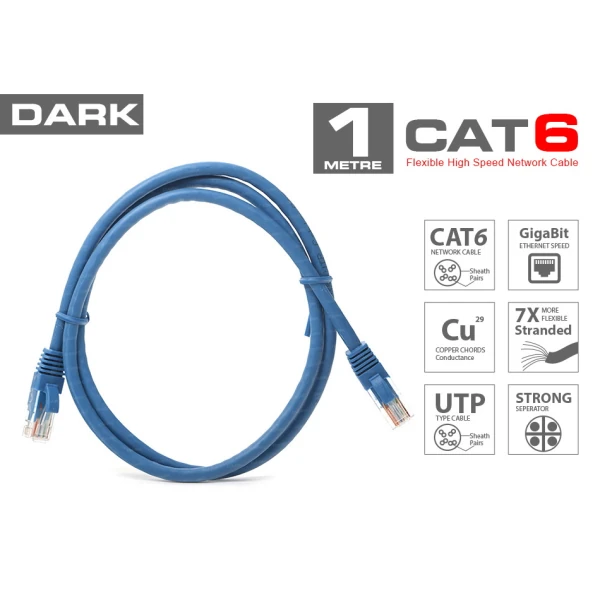 DARK DK CB NT6U100BU 1M CAT6 CU AV/G24/7 UTP MAVI NETWORK KABLOSU
