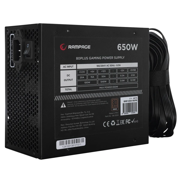 RAMPAGE RMP-650-80PB 650W 80 PLUS STANDART 12CM FAN AKTIF PFC POWER SUPPLY (KUTUSUZ)