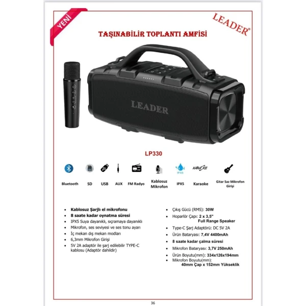 LEADER LP330 PORTATİF KABLOSUZ HOPARLÖR
