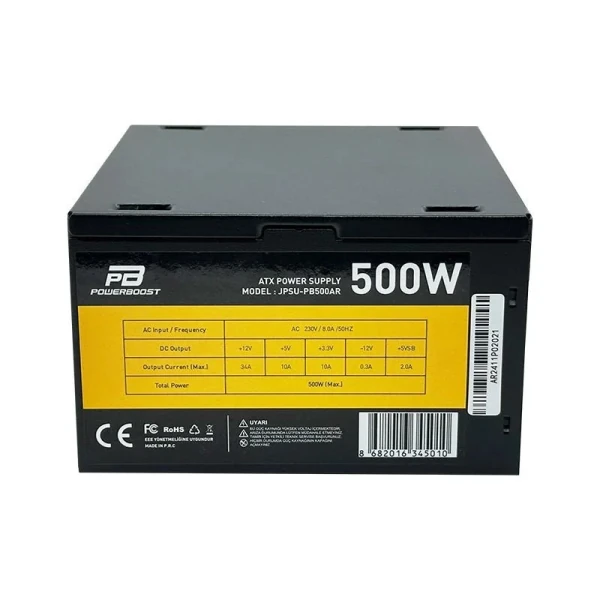 POWERBOOST PB500AR 500W APFC 2*PCI-E 6+2 PIN 12CM SİYAH FANLI ATX PSU (RETAIL BOX)