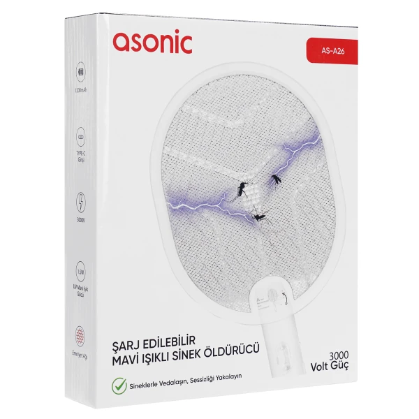 ASONIC AS-A26 BEYAZ 1200MAH 3000V ÇIKIŞ UV IŞIKLI ŞARJLI KATLANABİLİR ASKILI RAKET SİNEK ÖLDÜRÜCÜ