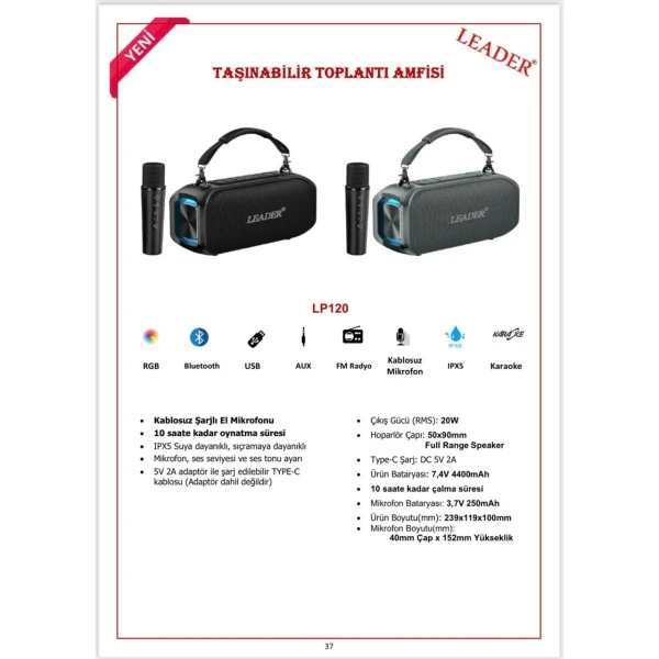 LEADER LP120 PORTATİF KABLOSUZ HOPARLÖR