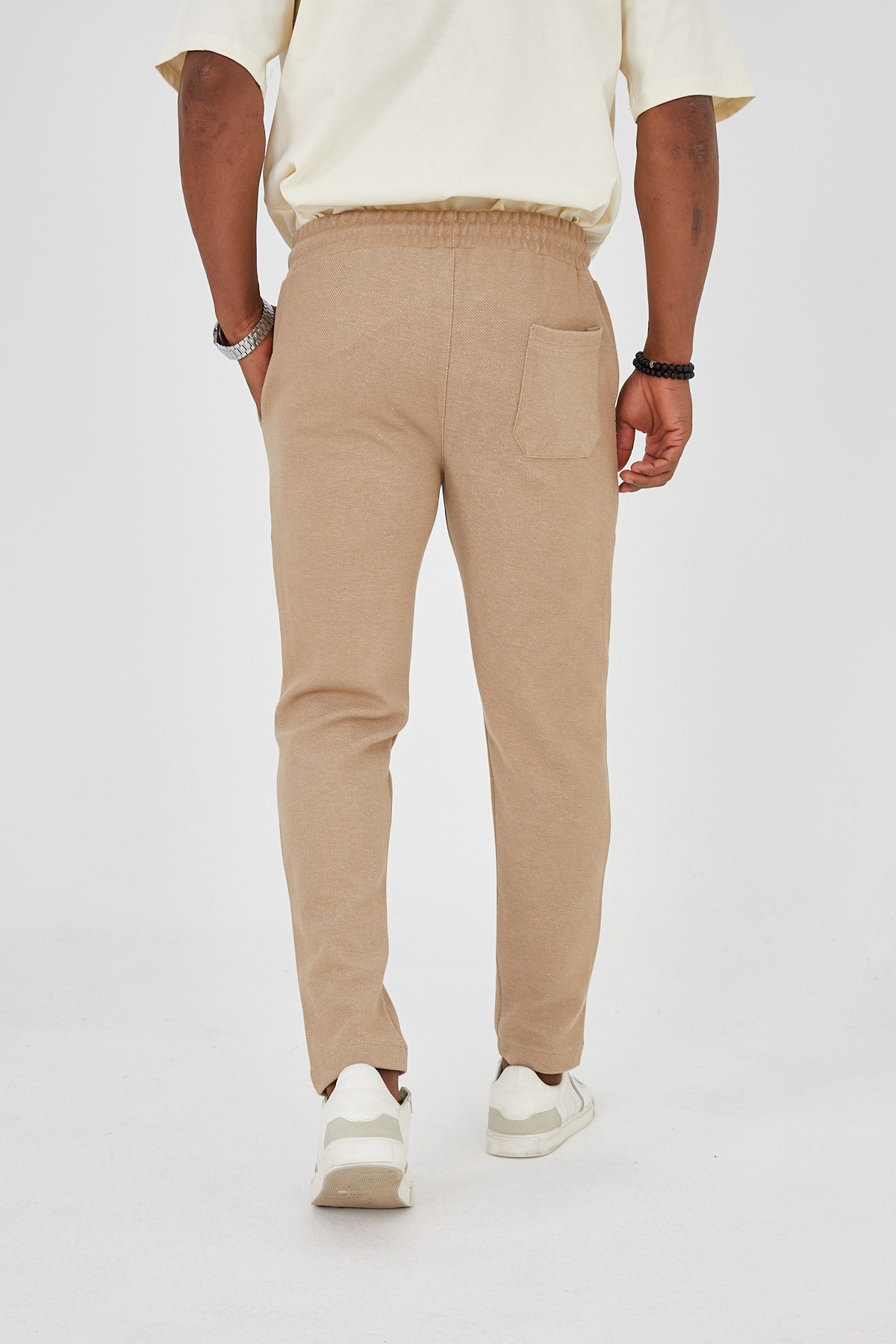 Erkek Bej Slim Fit Kalın Kışlık Rahat Kumaş Beli Lastikli Bağlamalı Jogger Pantolon