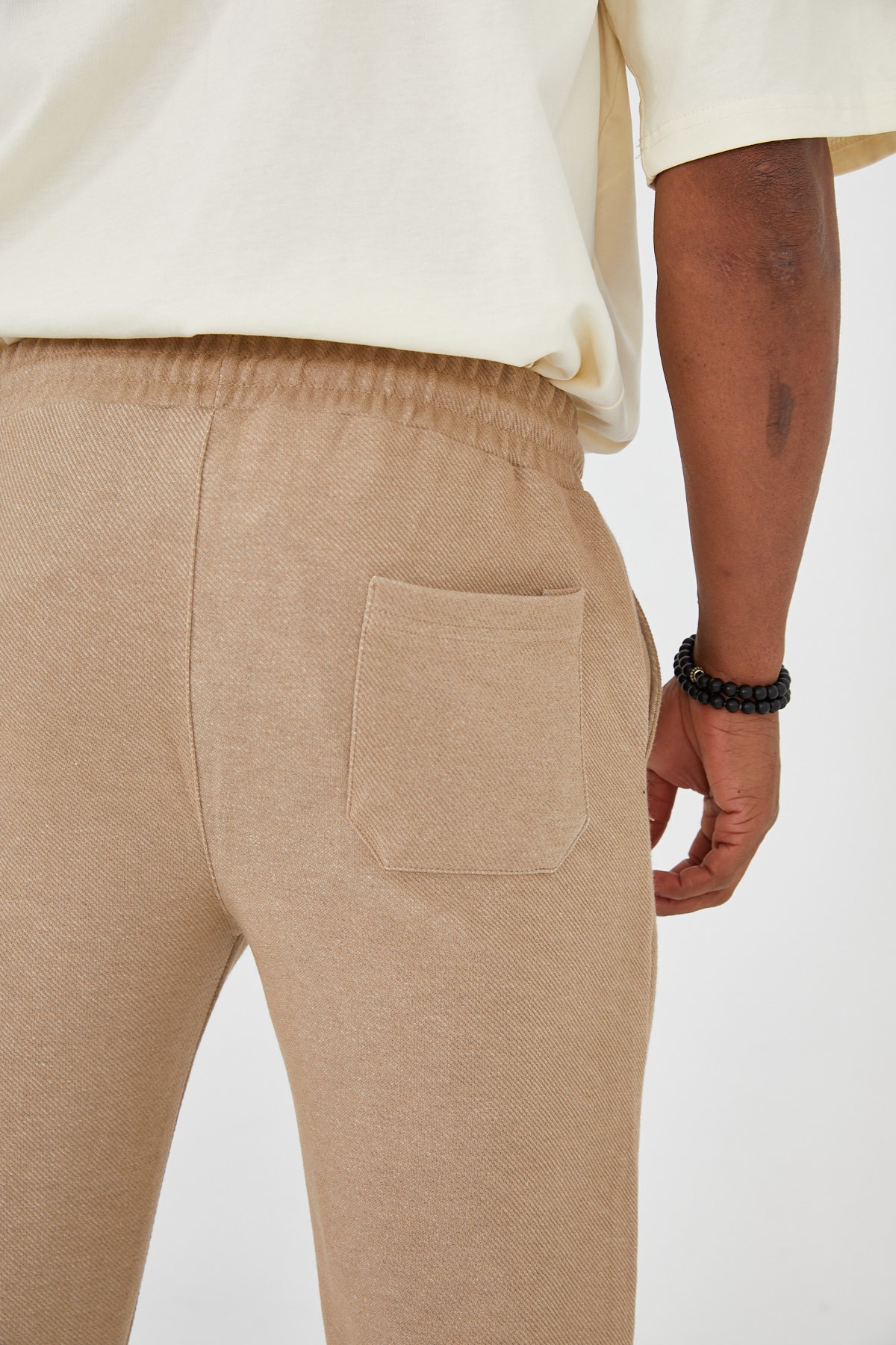 Erkek Bej Slim Fit Kalın Kışlık Rahat Kumaş Beli Lastikli Bağlamalı Jogger Pantolon