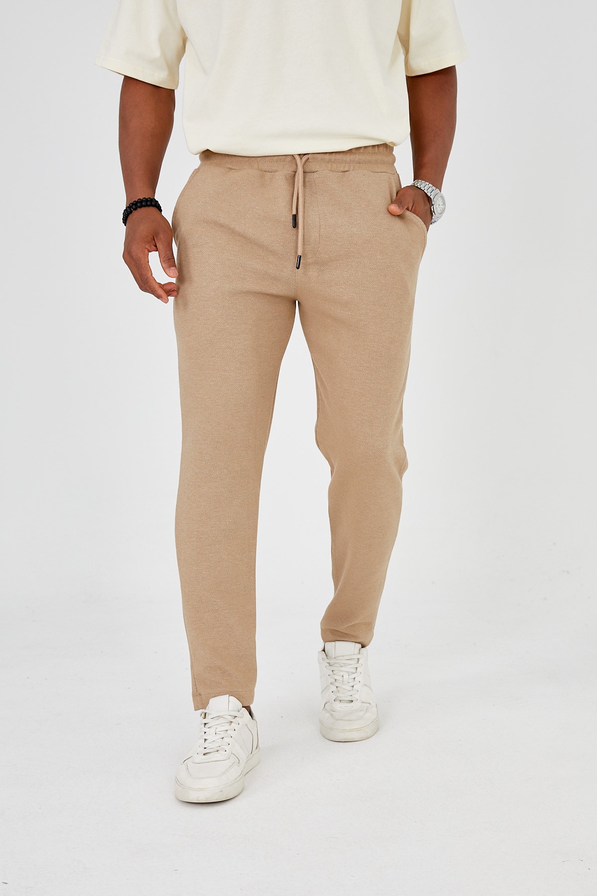 Erkek Bej Slim Fit Kalın Kışlık Rahat Kumaş Beli Lastikli Bağlamalı Jogger Pantolon