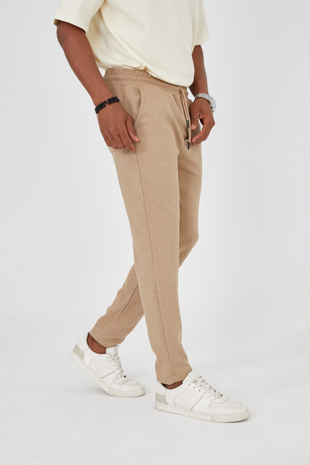 Erkek Bej Slim Fit Kalın Kışlık Rahat Kumaş Beli Lastikli Bağlamalı Jogger Pantolon