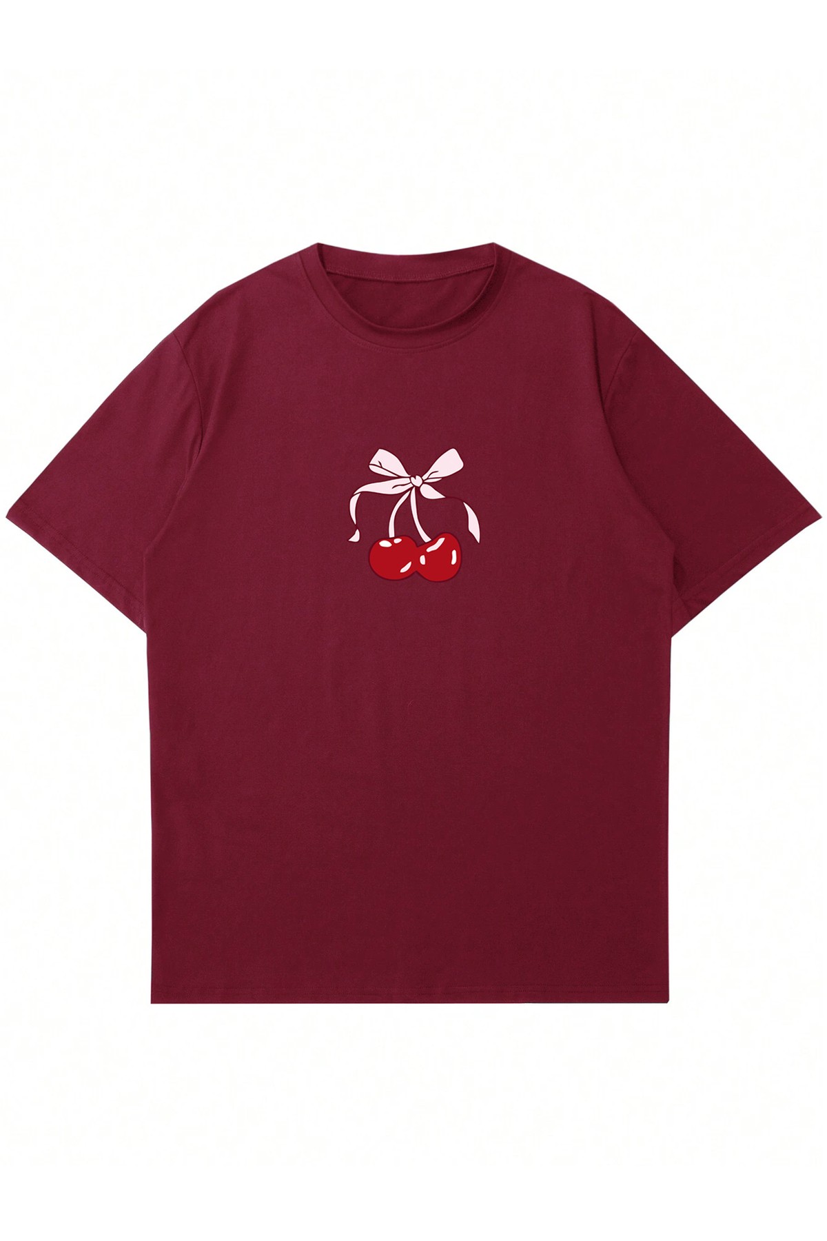 Unisex Bisiklet Yaka Cherries Baskılı Oversize T-shirt - fuşya