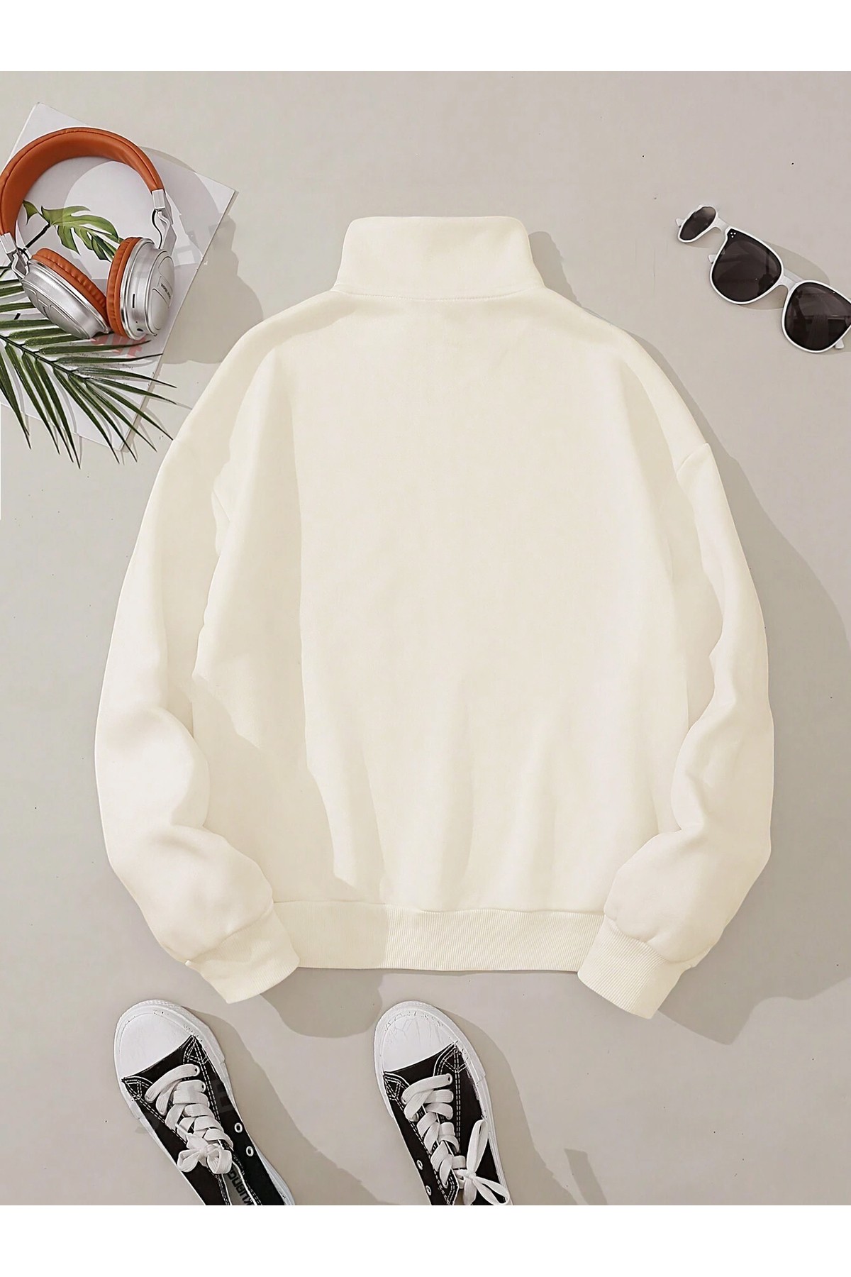 Unisex Basic Düz Renk Dik Yaka Yarım Fermuarlı İçi Polarlı Oversize Sweatshirt