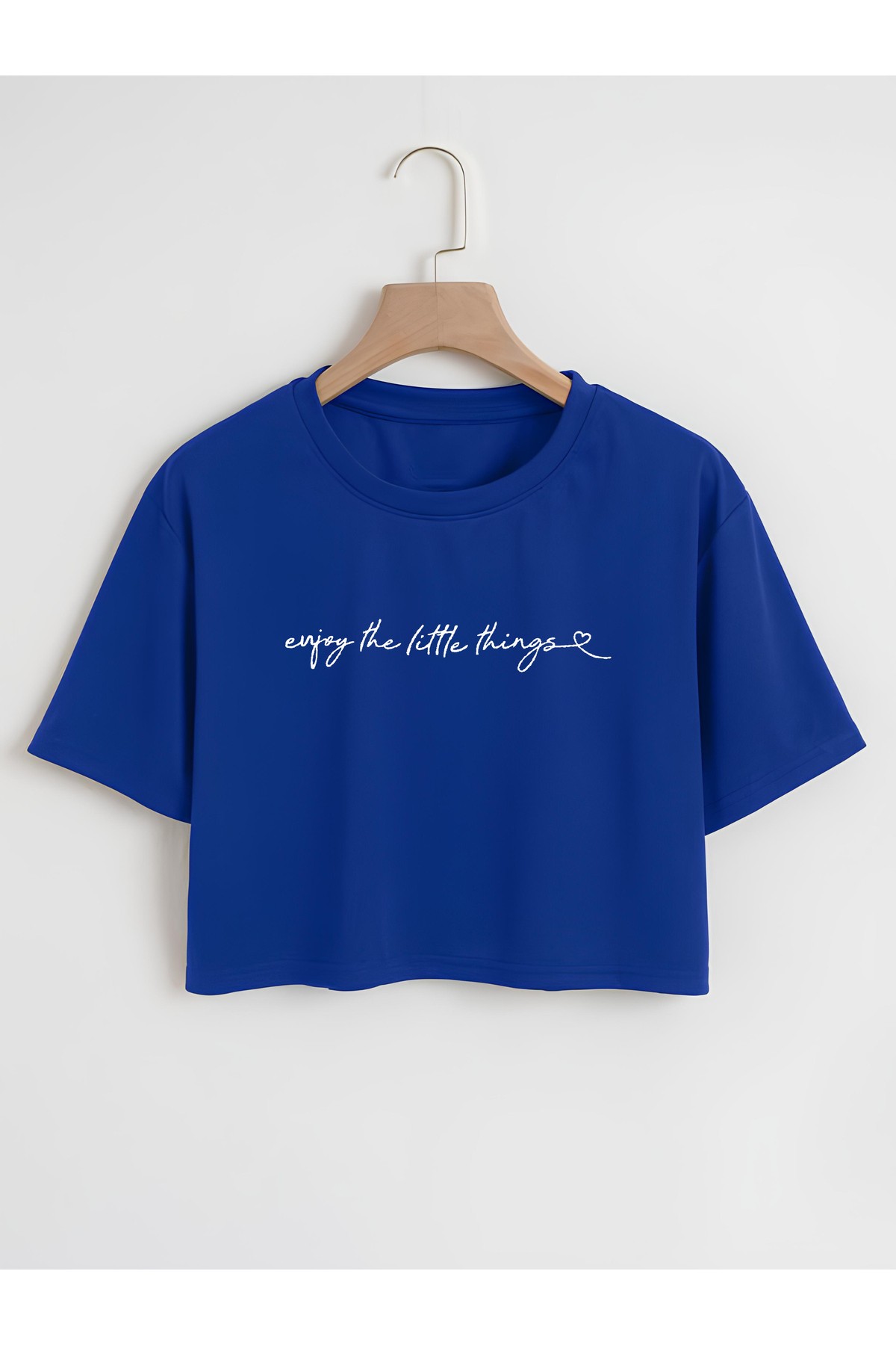 Kadın Bisiklet Yaka Enjoy Little Things Baskılı Oversize Crop T-shirt - saks mavi