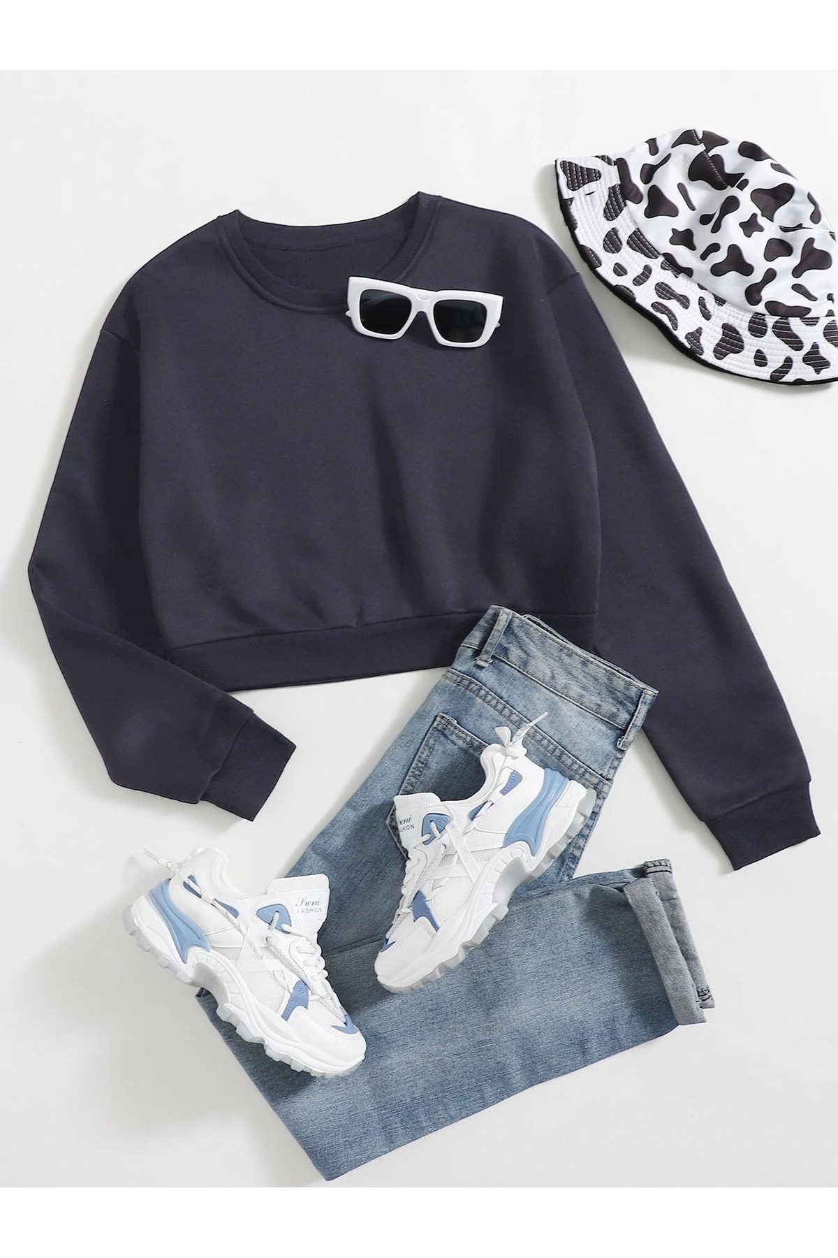 Kadın Basic Crop İçi Polarlı Oversize Sweatshirt