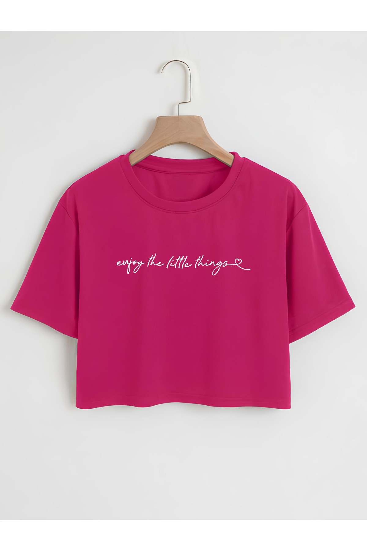 Kadın Bisiklet Yaka Enjoy Little Things Baskılı Oversize Crop T-shirt - fuşya