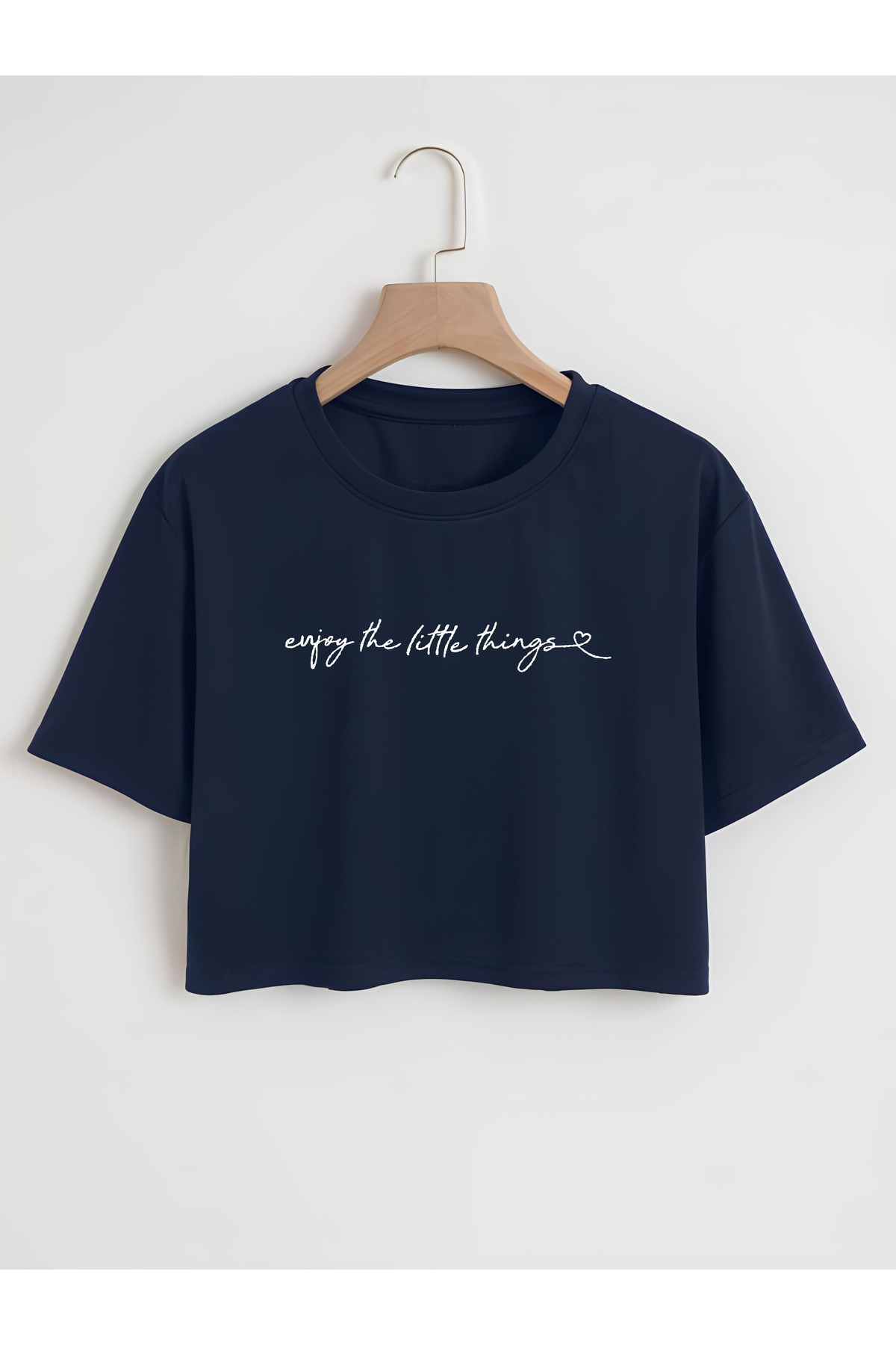 Kadın Bisiklet Yaka Enjoy Little Things Baskılı Oversize Crop T-shirt - lacivert