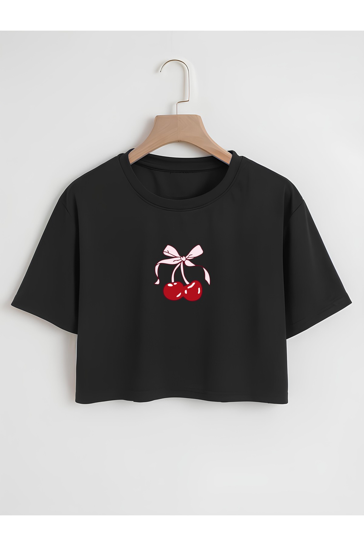 Kadın Oversize Bisiklet Yaka Cherries Baskılı Crop T-shirt - siyah