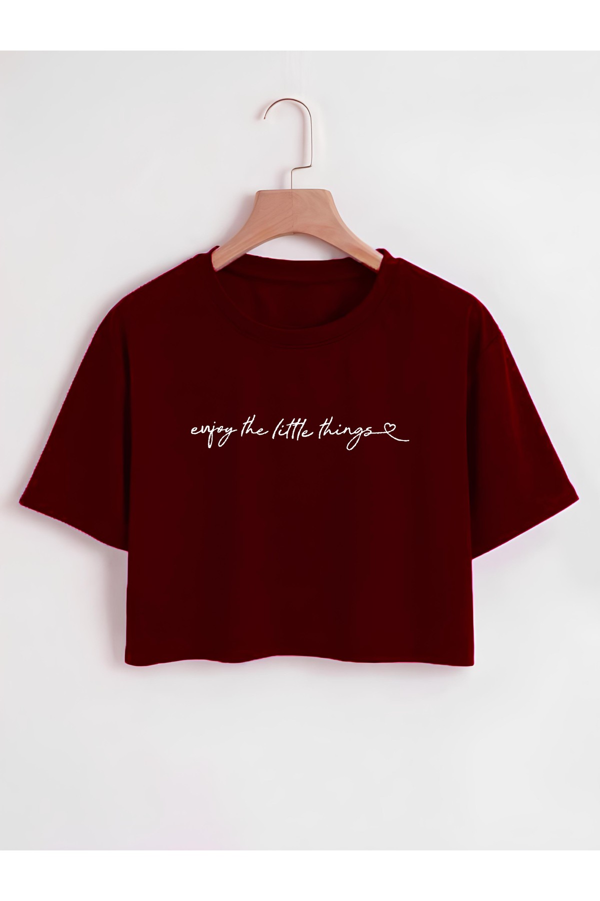 Kadın Bisiklet Yaka Enjoy Little Things Baskılı Oversize Crop T-shirt - bordo