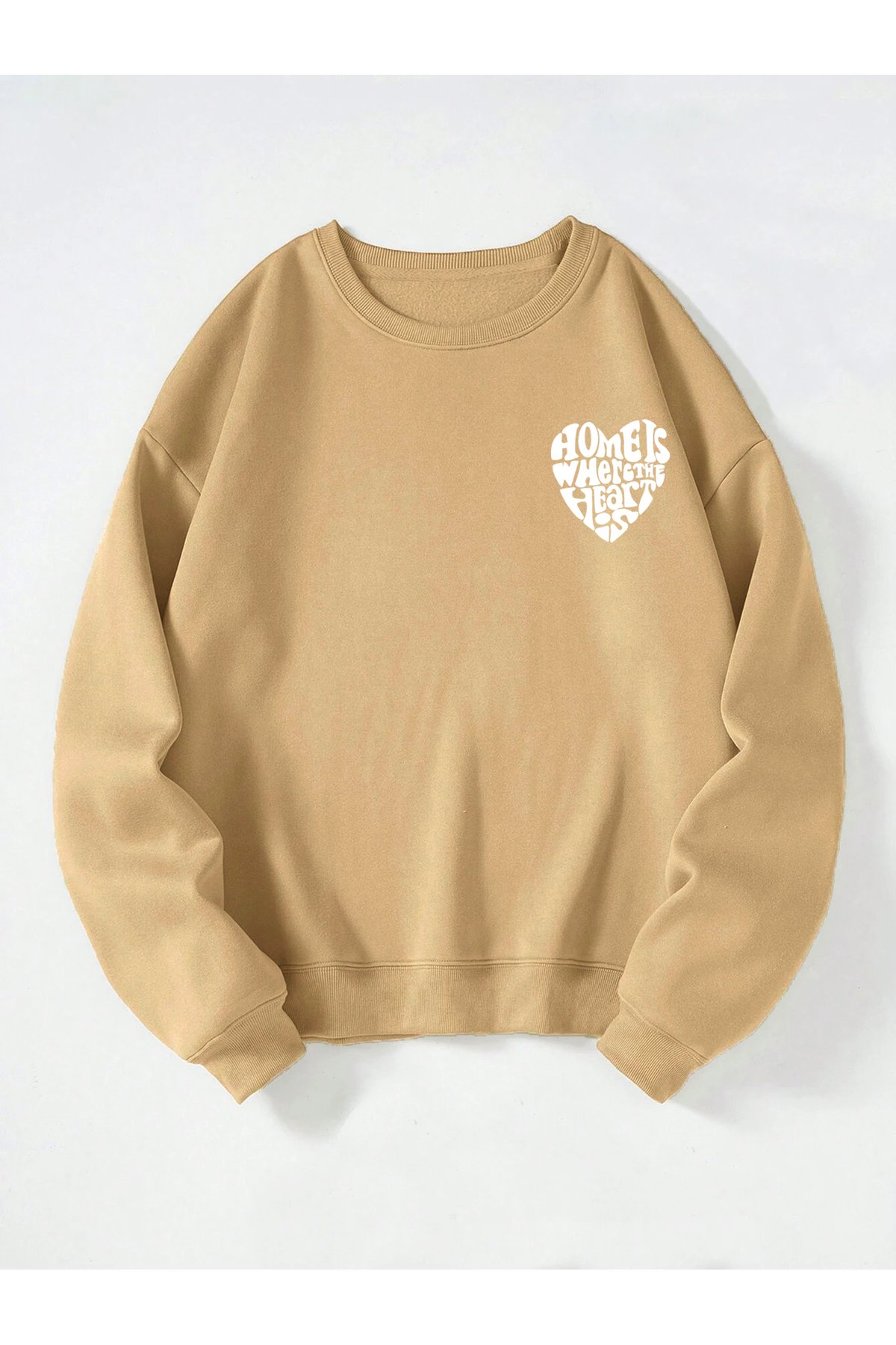 Unisex Bisiklet Yaka Heart Baskılı Oversize Salaş Kesim Polar Sweatshirt