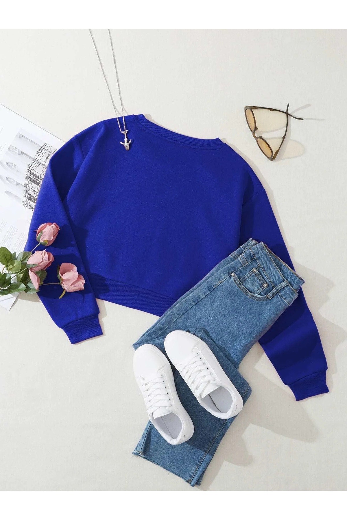 Kadın İskelet Baskılı Crop İçi Polarlı Oversize Sweatshirt