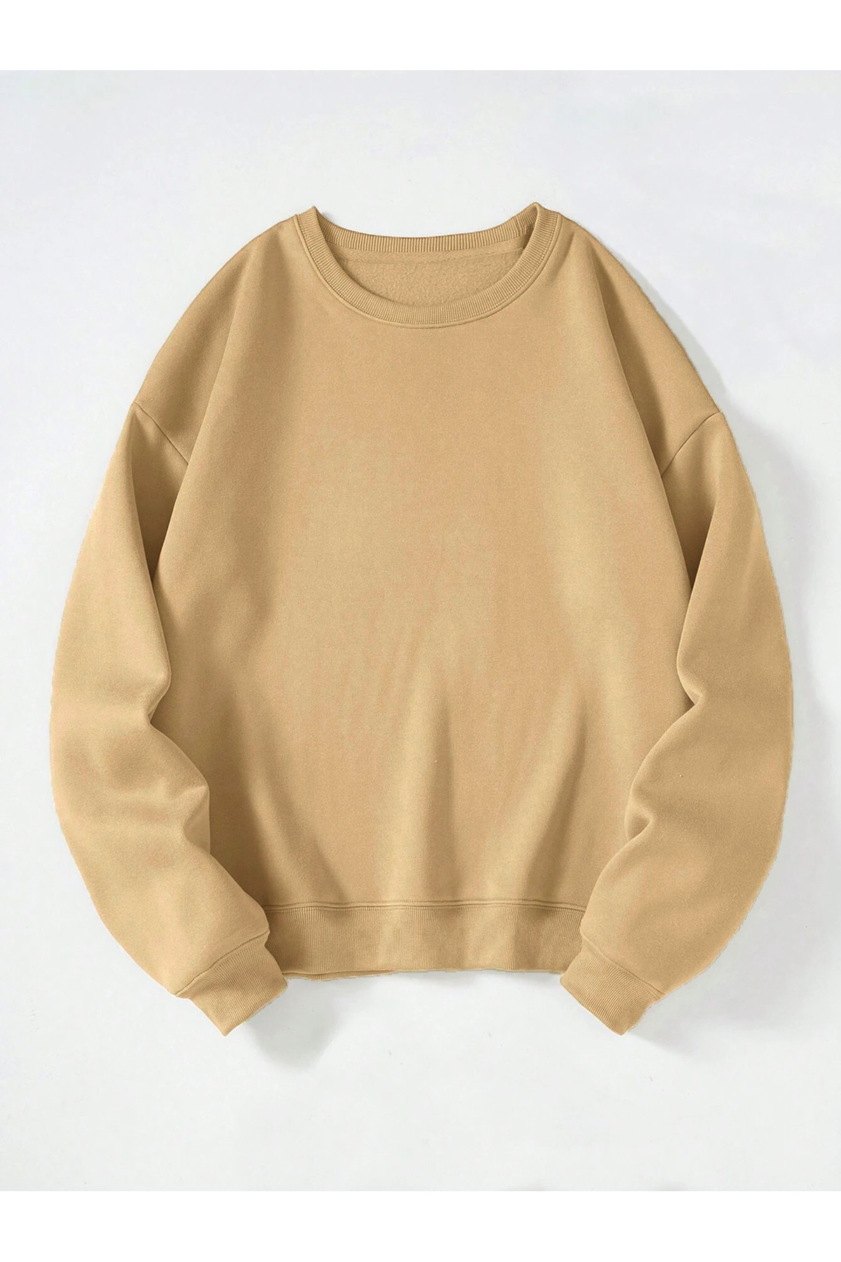 Kadın Bej Oversize Bisiklet Yaka Basic Düz Sweatshirt