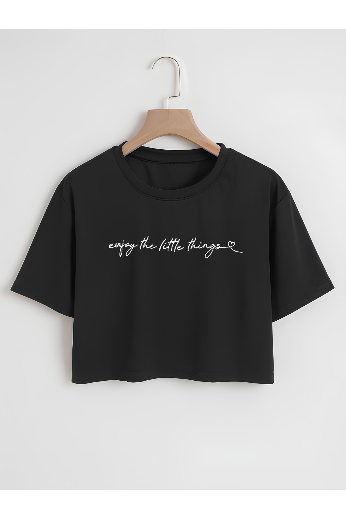 Kadın Bisiklet Yaka Enjoy Little Things Baskılı Oversize Crop T-shirt - siyah