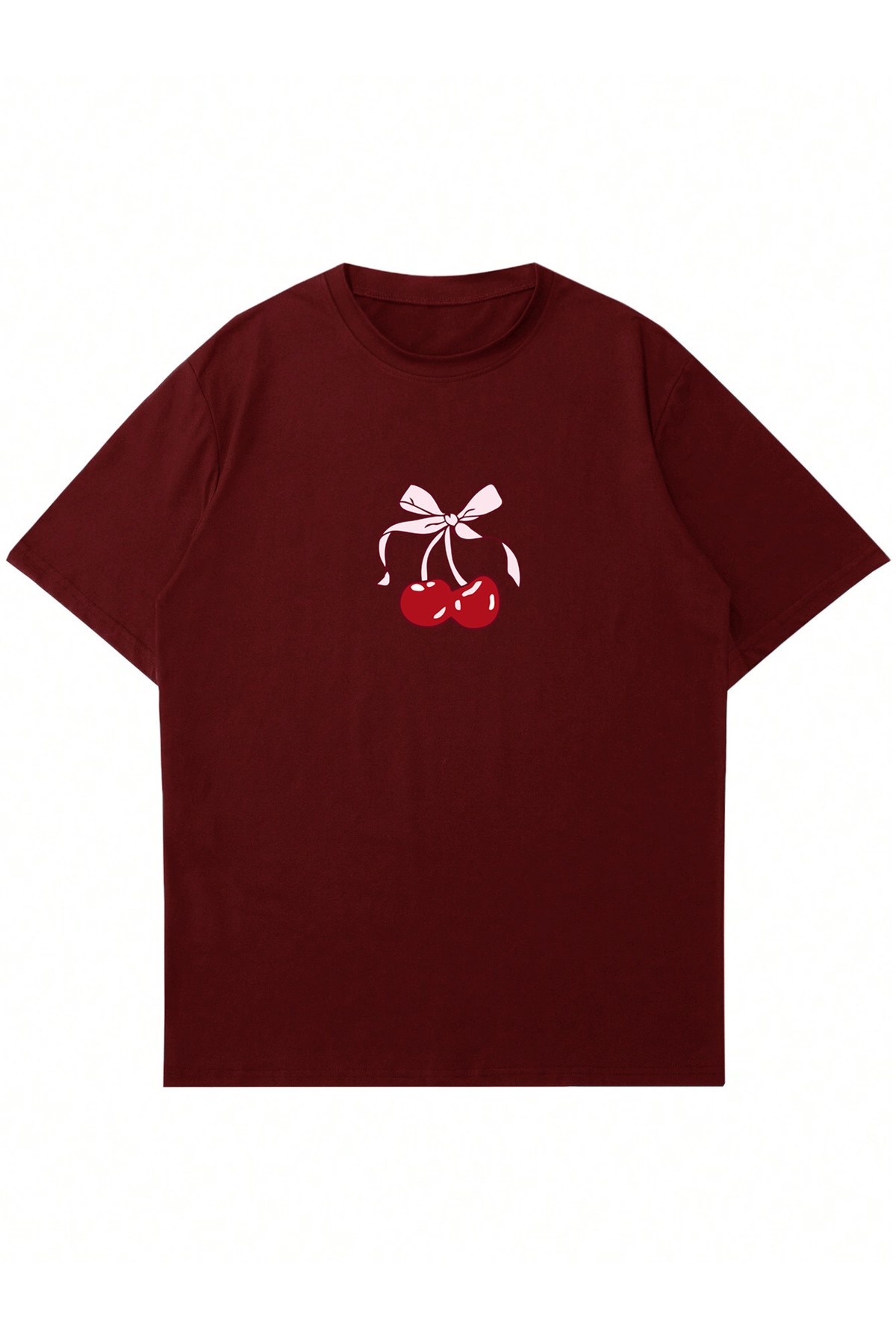 Unisex Bisiklet Yaka Cherries Baskılı Oversize T-shirt - bordo