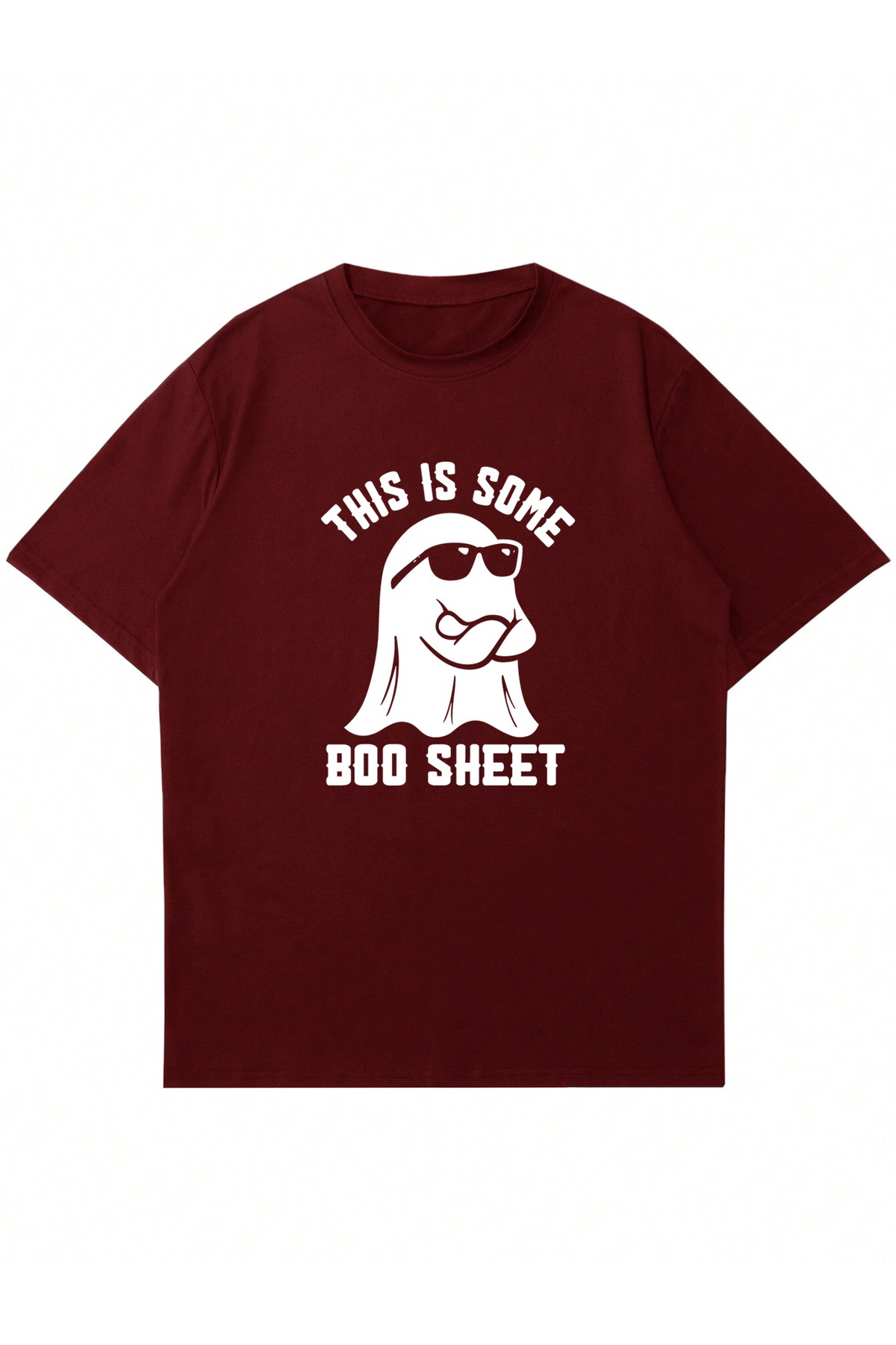 Unisex Bisiklet Yaka Boo Sheet Baskılı Oversize T-shirt - bordo