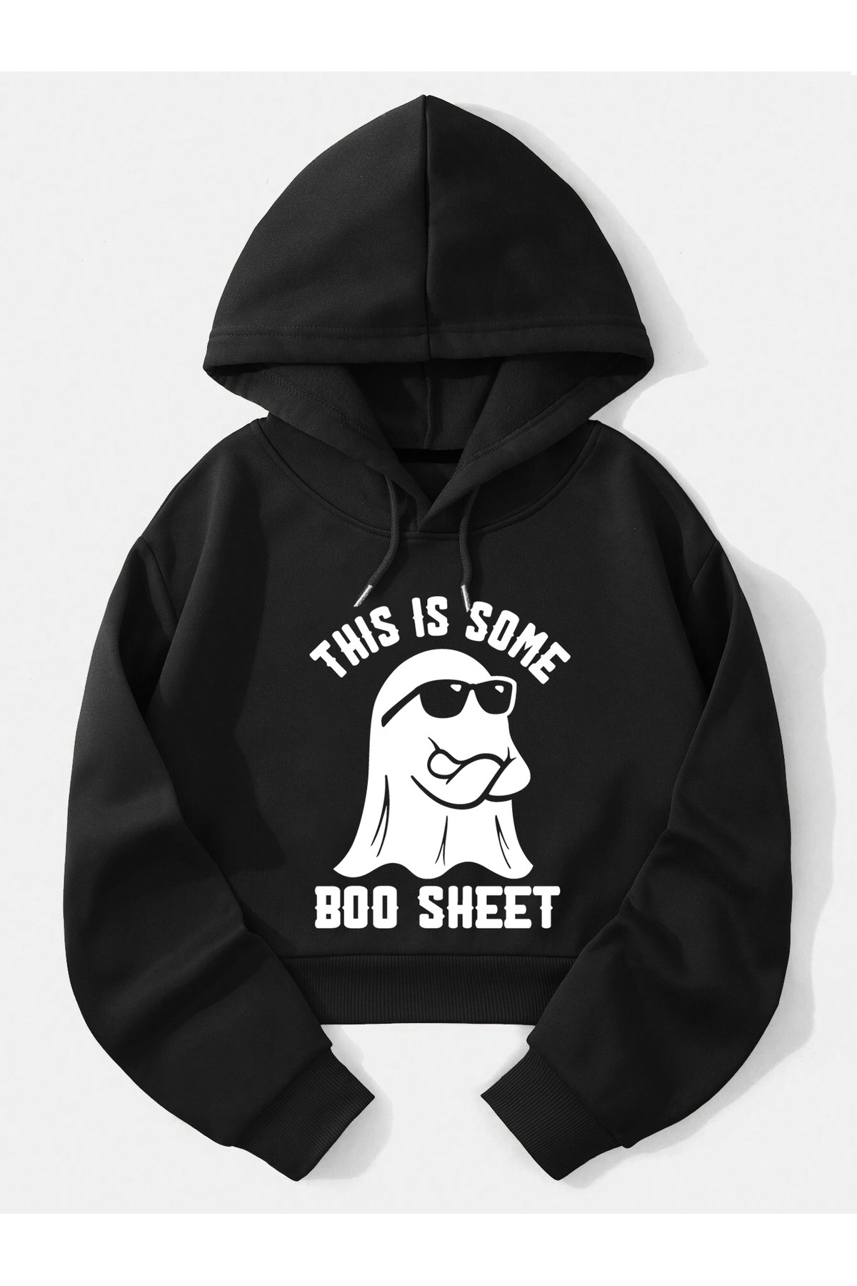 Kadın Boo Sheet Baskılı Kapüşonlu Crop İçi Polarlı Oversize Sweatshirt