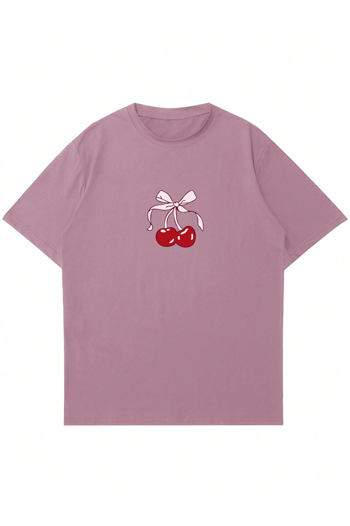 Unisex Bisiklet Yaka Cherries Baskılı Oversize T-shirt - pembe