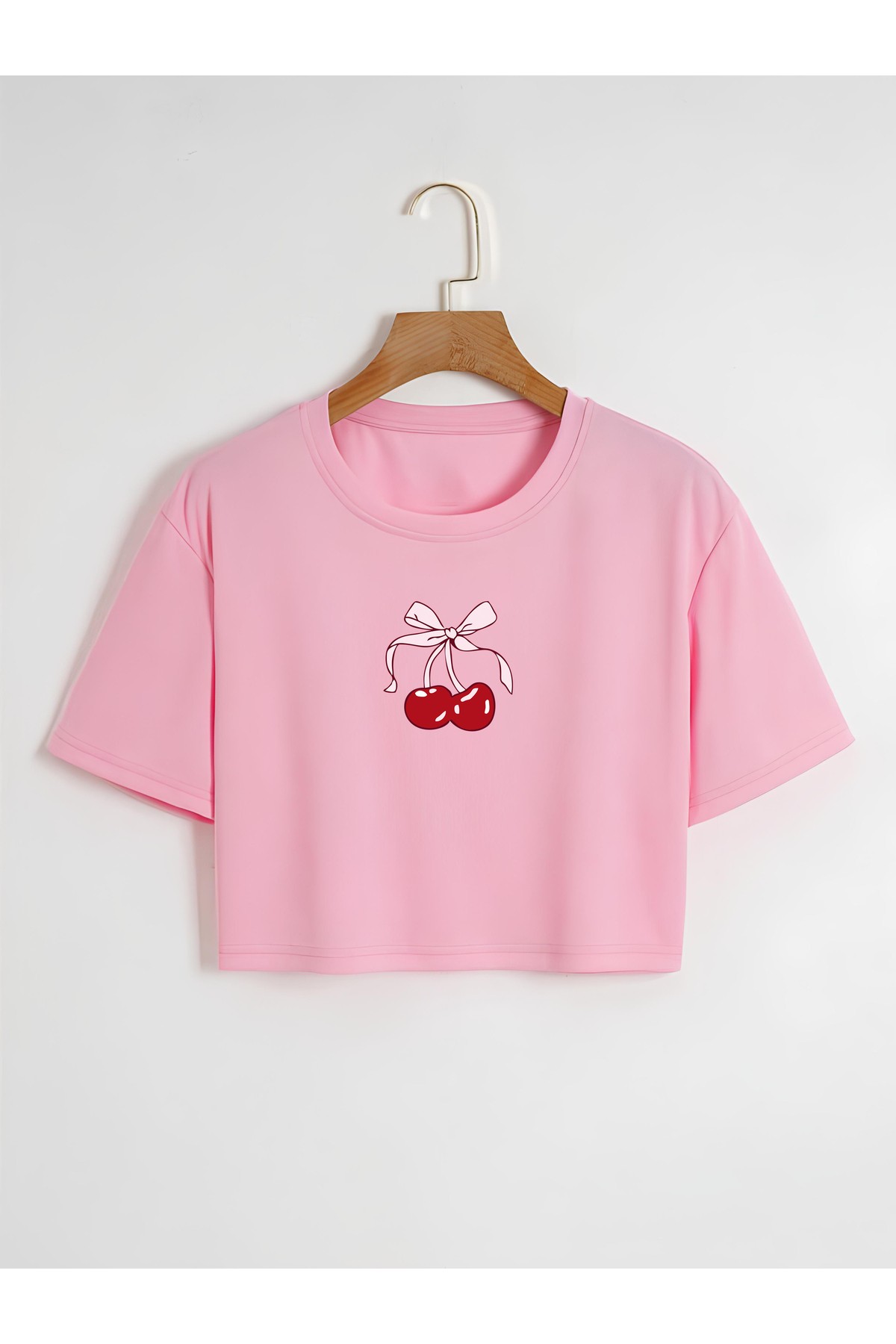 Kadın Oversize Bisiklet Yaka Cherries Baskılı Crop T-shirt - pembe