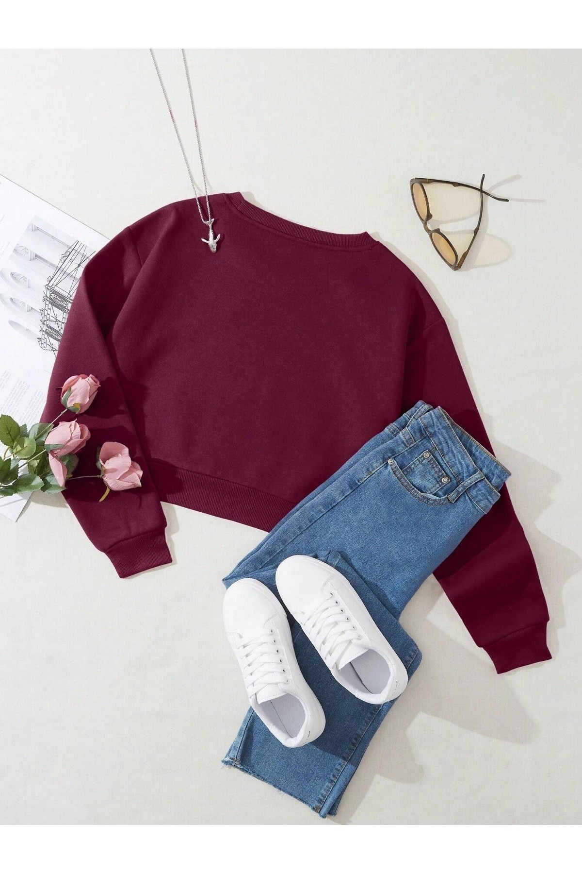 Kadın Basic Crop İçi Polarlı Oversize Sweatshirt